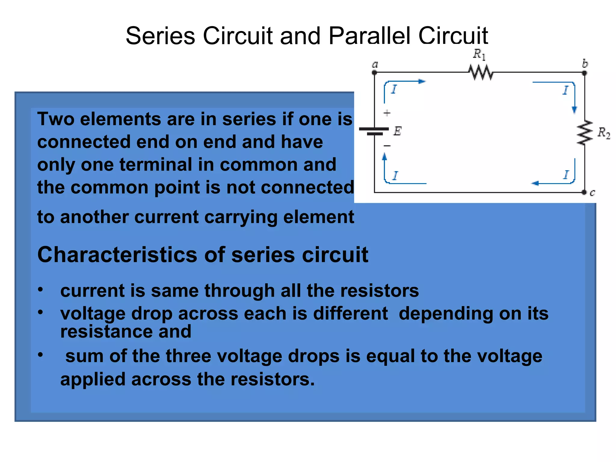 Series Circuit and Parallel Circuit
Two elements are in series if one is
connected end on end and have
only one terminal in common and
the common point is not connected
to another current carrying element
Characteristics of series circuit
• current is same through all the resistors
• voltage drop across each is different depending on its
resistance and
• sum of the three voltage drops is equal to the voltage
applied across the resistors.
 