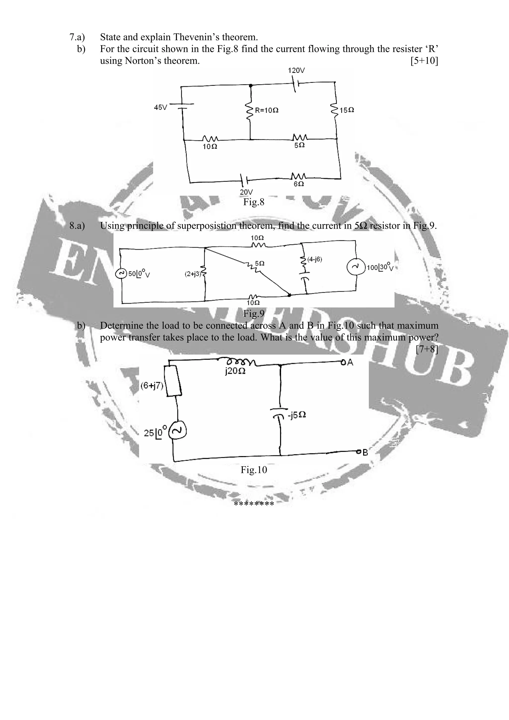 7.a) State and explain Thevenin’s theorem.
b) For the circuit shown in the Fig.8 find the current flowing through the resister ‘R’
using Norton’s theorem. [5+10]
Fig.8
8.a) Using principle of superposistion theorem, find the current in 5Ω resistor in Fig.9.
Fig.9
b) Determine the load to be connected across A and B in Fig.10 such that maximum
power transfer takes place to the load. What is the value of this maximum power?
[7+8]
Fig.10
********
 
