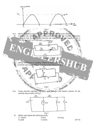 Fig.4
4.a) Derive expression for half power frequencies of a R L C series network.
b) Construct the admittance locus diagram and determine the variable inductance
values so that the phase angle between the supply voltage and supply current is
zero for the Fig.5. ω = 200 rad/s. [7+8]
Fig.5
5.a) Define coefficient of coupling. Obtain an expression for it.
b) Find the equivalent inductance of the circuit shown in Fig.6. [7+8]
Fig.6
6.a) Using network topology, solve for node voltages and branch currents for the
network shown below in Fig.7.
Fig.7
b) Define and explain the following terms:
i) branch ii) tree iii) twig
iv) path v) cutset. [10+5]
 