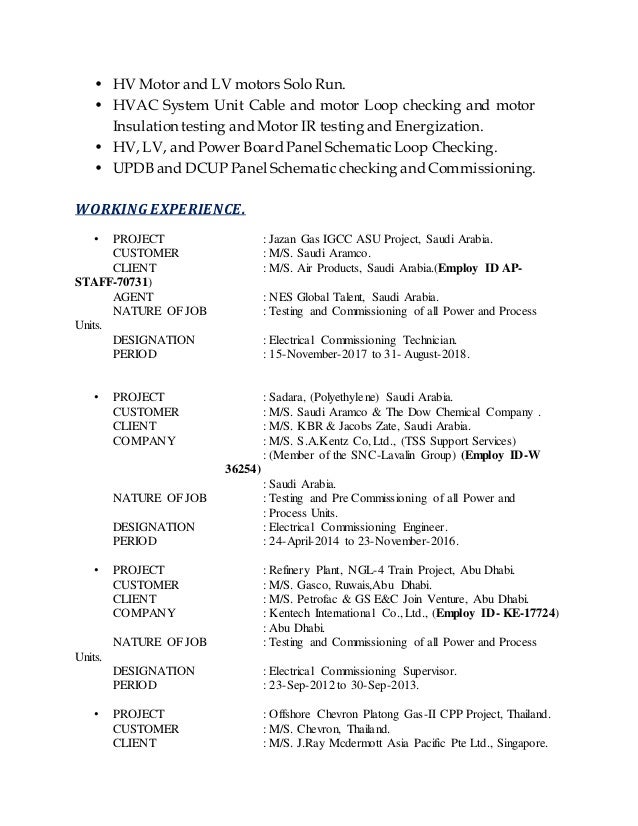 Electrical commissioning technician resume