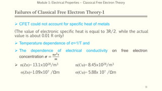 Failures of Classical Free Electron Theory-1
 CFET could not account for specific heat of metals
(The value of electronic specific heat is equal to 3R/2. while the actual
value is about 0.01 R only)
 Temperature dependence of σ=1/T and
 The dependence of electrical conductivity on free electron
concentration 𝝈 =
𝒏𝒆𝟐𝝉
𝒎
 n(Zn)= 13.1×1028/m3 n(Cu)= 8.45×1028/m3
σ(Zn)=1.09×107 /Ωm σ(Cu)= 5.88x 107 /Ωm
11
Module 1: Electrical Properties – Classical Free Electron Theory
 