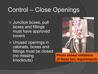 Control – Close Openings
 Junction boxes, pull
boxes and fittings
must have approved
covers
 Unused openings in
cabinets, boxes and
fittings must be closed
(no missing
knockouts)
OSHAX.org - The Unofficial Guide To the OSHA 15
Photo shows violations
of these two requirements
 