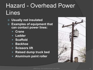 Hazard - Overhead Power
Lines
 Usually not insulated
 Examples of equipment that
can contact power lines:
 Crane
 Ladder
 Scaffold
 Backhoe
 Scissors lift
 Raised dump truck bed
 Aluminum paint roller
OSHAX.org - The Unofficial Guide To the OSHA 16
 