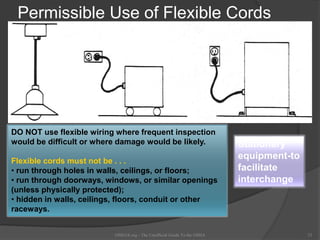 Permissible Use of Flexible Cords
OSHAX.org - The Unofficial Guide To the OSHA 23
Stationary
equipment-to
facilitate
interchange
DO NOT use flexible wiring where frequent inspection
would be difficult or where damage would be likely.
Flexible cords must not be . . .
• run through holes in walls, ceilings, or floors;
• run through doorways, windows, or similar openings
(unless physically protected);
• hidden in walls, ceilings, floors, conduit or other
raceways.
 