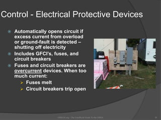 Control - Electrical Protective Devices
 Automatically opens circuit if
excess current from overload
or ground-fault is detected –
shutting off electricity
 Includes GFCI’s, fuses, and
circuit breakers
 Fuses and circuit breakers are
overcurrent devices. When too
much current:
 Fuses melt
 Circuit breakers trip open
OSHAX.org - The Unofficial Guide To the OSHA 30
 