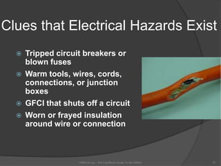 Clues that Electrical Hazards Exist
 Tripped circuit breakers or
blown fuses
 Warm tools, wires, cords,
connections, or junction
boxes
 GFCI that shuts off a circuit
 Worn or frayed insulation
around wire or connection
OSHAX.org - The Unofficial Guide To the OSHA 35
 
