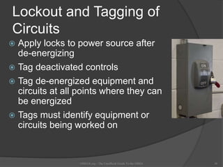 Lockout and Tagging of
Circuits
 Apply locks to power source after
de-energizing
 Tag deactivated controls
 Tag de-energized equipment and
circuits at all points where they can
be energized
 Tags must identify equipment or
circuits being worked on
OSHAX.org - The Unofficial Guide To the OSHA 36
 