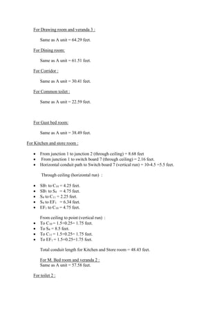 For Drawing room and veranda 3 :
Same as A unit = 64.29 feet.
For Dining room:
Same as A unit = 61.51 feet.
For Corridor :
Same as A unit = 30.41 feet.
For Common toilet :
Same as A unit = 22.59 feet.
For Gust bed room:
Same as A unit = 38.49 feet.
For Kitchen and store room :
 From junction 1 to junction 2 (through ceiling) = 8.68 feet
 From junction 1 to switch board 7 (through ceiling) = 2.16 feet.
 Horizontal conduit path to Switch board 7 (vertical run) = 10-4.5 =5.5 feet.
Through ceiling (horizontal run) :
 SB7 to C10 = 4.25 feet.
 SB7 to S4 = 4.75 feet.
 S4 to C11 = 2.25 feet.
 S4 to EF1 = 6.34 feet.
 EF1 to C10 = 4.75 feet.
From ceiling to point (vertical run) :
 To C10 = 1.5+0.25= 1.75 feet.
 To S4 = 8.5 feet.
 To C11 = 1.5+0.25= 1.75 feet.
 To EF1 = 1.5+0.25=1.75 feet.
Total conduit length for Kitchen and Store room = 48.43 feet.
For M. Bed room and veranda 2 :
Same as A unit = 57.58 feet.
For toilet 2 :
 