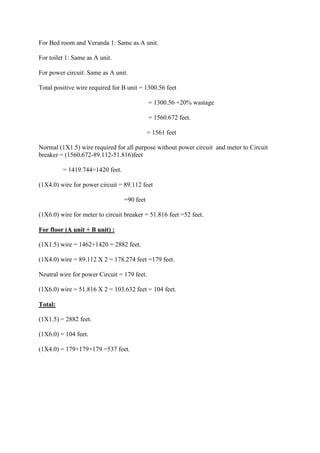 For Bed room and Veranda 1: Same as A unit.
For toilet 1: Same as A unit.
For power circuit: Same as A unit.
Total positive wire required for B unit = 1300.56 feet
= 1300.56 +20% wastage
= 1560.672 feet.
= 1561 feet
Normal (1X1.5) wire required for all purpose without power circuit and meter to Circuit
breaker = (1560.672-89.112-51.816)feet
= 1419.744=1420 feet.
(1X4.0) wire for power circuit = 89.112 feet
=90 feet
(1X6.0) wire for meter to circuit breaker = 51.816 feet =52 feet.
For floor (A unit + B unit) :
(1X1.5) wire = 1462+1420 = 2882 feet.
(1X4.0) wire = 89.112 X 2 = 178.274 feet =179 feet.
Neutral wire for power Circuit = 179 feet.
(1X6.0) wire = 51.816 X 2 = 103.632 feet = 104 feet.
Total:
(1X1.5) = 2882 feet.
(1X6.0) = 104 feet.
(1X4.0) = 179+179+179 =537 feet.
 