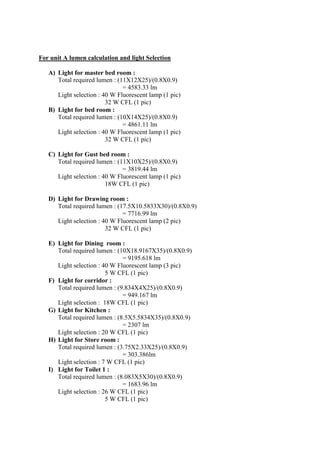 For unit A lumen calculation and light Selection
A) Light for master bed room :
Total required lumen : (11X12X25)/(0.8X0.9)
= 4583.33 lm
Light selection : 40 W Fluorescent lamp (1 pic)
32 W CFL (1 pic)
B) Light for bed room :
Total required lumen : (10X14X25)/(0.8X0.9)
= 4861.11 lm
Light selection : 40 W Fluorescent lamp (1 pic)
32 W CFL (1 pic)
C) Light for Gust bed room :
Total required lumen : (11X10X25)/(0.8X0.9)
= 3819.44 lm
Light selection : 40 W Fluorescent lamp (1 pic)
18W CFL (1 pic)
D) Light for Drawing room :
Total required lumen : (17.5X10.5833X30)/(0.8X0.9)
= 7716.99 lm
Light selection : 40 W Fluorescent lamp (2 pic)
32 W CFL (1 pic)
E) Light for Dining room :
Total required lumen : (10X18.9167X35)/(0.8X0.9)
= 9195.618 lm
Light selection : 40 W Fluorescent lamp (3 pic)
5 W CFL (1 pic)
F) Light for corridor :
Total required lumen : (9.834X4X25)/(0.8X0.9)
= 949.167 lm
Light selection : 18W CFL (1 pic)
G) Light for Kitchen :
Total required lumen : (8.5X5.5834X35)/(0.8X0.9)
= 2307 lm
Light selection : 20 W CFL (1 pic)
H) Light for Store room :
Total required lumen : (3.75X2.33X25)/(0.8X0.9)
= 303.386lm
Light selection : 7 W CFL (1 pic)
I) Light for Toilet 1 :
Total required lumen : (8.083X5X30)/(0.8X0.9)
= 1683.96 lm
Light selection : 26 W CFL (1 pic)
5 W CFL (1 pic)
 