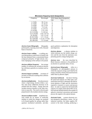 Microwave frequency band designations
                  Frequency     Wavelength    IEEE Radar Band Designation
                                              Old           New
                   1–2 GHz       30–15 cm      L             D
                   2–3 GHz       15–10 cm      S             E
                   3–4 GHz       10–7.5 cm     S             F
                   4–6 GHz        7.5–5 cm     C             G
                   6–8 GHz       5–3.75 cm     C             H
                   8–10 GHz      3.75–3 cm     X             I
                 10–12.4 GHz     3–2.42 cm     X             J
                 12.4–18 GHz   2.42–1.67 cm    Ku            J
                  18–20 GHz     1.67–1.5 cm    K             J
                 20–26.5 GHz    1.5–1.13 cm    K             K
                 26.5–40 GHz 1.13 cm–7.5 mm Ka               K
                 40–300 GHz     7.5–1.0 mm    mm


electron beam lithography       lithography        good qualitative explanation for absorption
performed by exposing resist with a focused        and dispersion.
beam of electrons.
                                                   electron plasma       a plasma medium in
electron beam welding        a welding pro-        which electrons are the mobile charge car-
cess that produces coalescence of metals with      riers and the ions form the stationary com-
the heat obtained from a concentrated beam         pensating positive charge background.
composed primarily of high-velocity elec-
trons impinging on the surfaces to be joined.      electron wave        the wave described by
                                                   Bloch function solutions to the problem of
electron collision frequency the average           an electron in a periodic lattice of ions.
number of collisions per second an electron
                                                   electron-beam lithography         refers to a
has with heavy particles in a medium such as
                                                   lithographic (or photographic) process in
plasma.
                                                   which the exposure energy is provided by the
                                                   energy carried by a beam of focused electrons
electron impact excitation      excitation of      rather than by photons (light).
an atom or molecule resulting from collision
by an electron.                                    electronic bottleneck      the factor limiting
                                                   the speed and capacity of a ﬁber optic com-
electron multiplication the phenomenon             munication network is ultimately the link be-
where a high-energy electron strikes a sur-        tween photons of light and the electronics
face and causes additional electrons to be         required to transmit or receive and process
emitted from the surface. Energy from the          them. In order to exploit the full bandwidth
incident electron transfers to the other elec-     capacity of a single-mode optical ﬁber an op-
trons to cause this. The result is electron gain   tical network should minimize the number of
proportional to the incident electron energy.      optical to electrical conversions and instead
                                                   process the signals in the optical domain.
electron oscillator model simpliﬁed clas-
sical model for an atomic or molecular             electronic brake     a power electronic sys-
medium in which the charges are assumed            tem designed to decelerate a motor. For an
to be bound together by springs rather than        induction machine, the brake supplies DC
quantum mechanical potentials; provides            current to the stator winding, producing a


c   2000 by CRC Press LLC
 