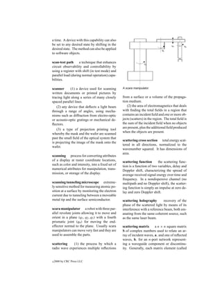 a time. A device with this capability can also
be set to any desired state by shifting in the
desired state. The method can also be applied
to software objects.

scan-test path      a technique that enhances
circuit observability and controllability by
using a register with shift (in test mode) and
parallel load (during normal operation) capa-
bilities.

scanner      (1) a device used for scanning       A scara manipulator.
written documents or printed pictures by
tracing light along a series of many closely      from a surface or a volume of the propaga-
spaced parallel lines.                            tion medium.
    (2) any device that deﬂects a light beam         (2) the area of electromagnetics that deals
through a range of angles, using mecha-           with ﬁnding the total ﬁelds in a region that
nisms such as diffraction from electro-optic      contains an incident ﬁeld and one or more ob-
or acousto-optic gratings or mechanical de-       jects (scatters) in the region. The total ﬁeld is
ﬂectors.                                          the sum of the incident ﬁeld when no objects
                                                  are present, plus the additional ﬁeld produced
    (3) a type of projection printing tool
                                                  when the objects are present.
whereby the mask and the wafer are scanned
past the small ﬁeld of the optical system that
                                                  scattering cross section total energy scat-
is projecting the image of the mask onto the
                                                  tered in all directions, normalized to the
wafer.
                                                  wavenumber squared. It has dimensions of
                                                  area.
scanning process for converting attributes
of a display at raster coordinate locations,      scattering function       the scattering func-
such as color and intensity, into a ﬁxed set of   tion is a function of two variables, delay and
numerical attributes for manipulation, trans-     Doppler shift, characterizing the spread of
mission, or storage of the display.               average received signal energy over time and
                                                  frequency. In a nondispersive channel (no
scanning tunneling microscope extreme-            multipath and no Doppler shift), the scatter-
ly sensitive method for measuring atomic po-      ing function is simply an impulse at zero de-
sition at a surface by monitoring the electron    lay and zero Doppler shift.
current due to tunneling between a moveable
metal tip and the surface semiconductor.          scattering holography        recovery of the
                                                  phase of the scattered light by means of its
scara manipulator a robot with three par-         interference with a reference beam, both em-
allel revolute joints allowing it to move and     anating from the same coherent source, such
orient in a plane (q1 , q2 , q3 ) with a fourth   as the same laser beam.
prismatic joint (q4 ) for moving the end-
effector normal to the plane. Usually scara       scattering matrix      a n × n square matrix
manipulators can move very fast and they are      S of complex numbers used to relate an ar-
used to assemble the parts.                       ray of incident waves, a, and one of reﬂected
                                                  waves, b, for an n-port network represent-
scattering    (1) the process by which a          ing a waveguide component or discontinu-
radio wave experiences multiple reﬂections        ity. Generally, each matrix element (called


c   2000 by CRC Press LLC
 