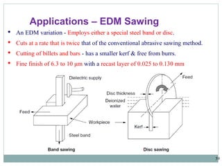 59
 An EDM variation - Employs either a special steel band or disc.
 Cuts at a rate that is twice that of the conventional abrasive sawing method.
 Cutting of billets and bars - has a smaller kerf & free from burrs.
 Fine finish of 6.3 to 10 μm with a recast layer of 0.025 to 0.130 mm
Applications – EDM Sawing
 