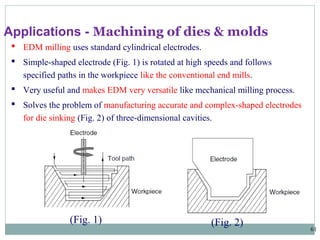 61
 EDM milling uses standard cylindrical electrodes.
 Simple-shaped electrode (Fig. 1) is rotated at high speeds and follows
specified paths in the workpiece like the conventional end mills.
 Very useful and makes EDM very versatile like mechanical milling process.
 Solves the problem of manufacturing accurate and complex-shaped electrodes
for die sinking (Fig. 2) of three-dimensional cavities.
Applications - Machining of dies & molds
(Fig. 2)(Fig. 1)
 