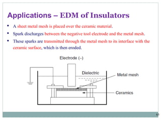 65
Applications – EDM of Insulators
 A sheet metal mesh is placed over the ceramic material.
 Spark discharges between the negative tool electrode and the metal mesh.
 These sparks are transmitted through the metal mesh to its interface with the
ceramic surface, which is then eroded.
 