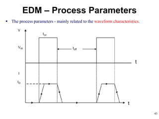 43
 The process parameters - mainly related to the waveform characteristics.
EDM – Process Parameters
 