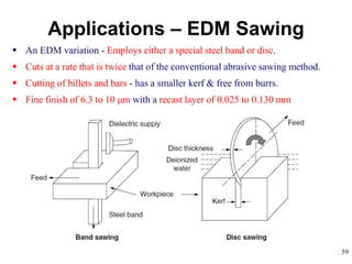 59
 An EDM variation - Employs either a special steel band or disc.
 Cuts at a rate that is twice that of the conventional abrasive sawing method.
 Cutting of billets and bars - has a smaller kerf & free from burrs.
 Fine finish of 6.3 to 10 μm with a recast layer of 0.025 to 0.130 mm
Applications – EDM Sawing
 