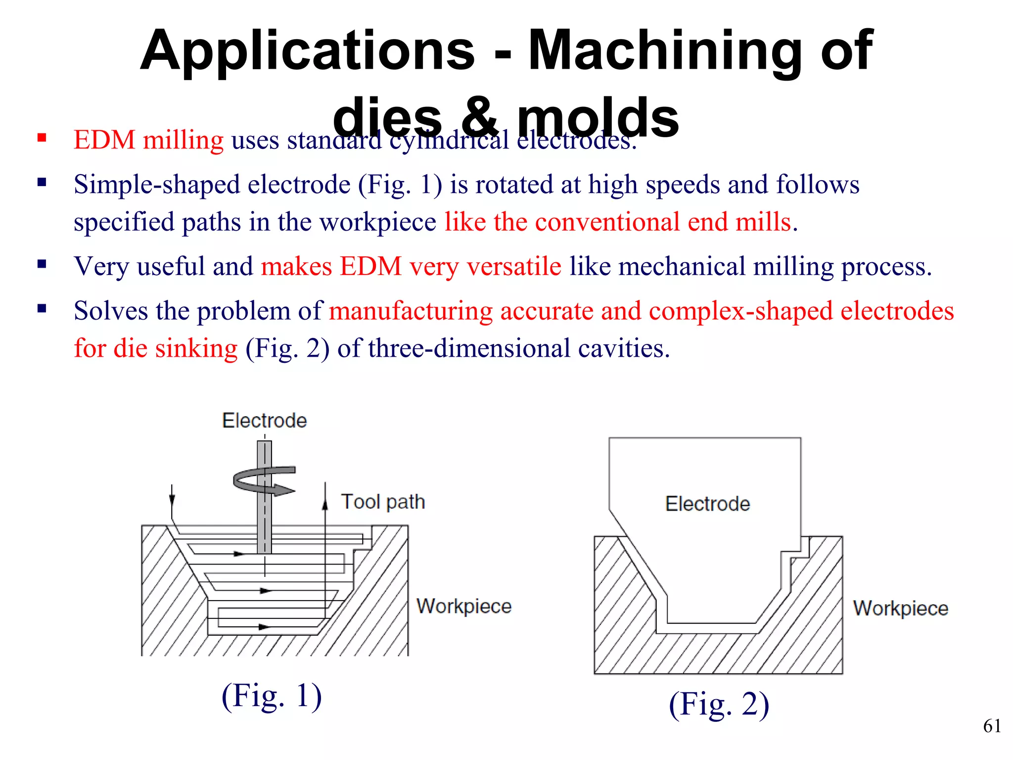 61
 EDM milling uses standard cylindrical electrodes.
 Simple-shaped electrode (Fig. 1) is rotated at high speeds and follows
specified paths in the workpiece like the conventional end mills.
 Very useful and makes EDM very versatile like mechanical milling process.
 Solves the problem of manufacturing accurate and complex-shaped electrodes
for die sinking (Fig. 2) of three-dimensional cavities.
Applications - Machining of
dies & molds
(Fig. 2)(Fig. 1)
 
