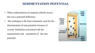 SEDIMENTATION POTENTIAL
• When sedimentation of suspend colloids occurs,
this rise a potential difference
• this technique is the least commonly used for the
determination of zeta potential, because of
several limitations associated with the
measurement and calculation of the zeta
potential
 