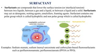 SURFACTANT
• Surfactants are compounds that lower the surface tension (or interfacial tension)
between two liquids, between a gas and a liquid, or between a liquid and a solid. Surfactants
may act as detergents, wetting agents, emulsifiers, foaming agents. Surfactant contains one
polar group which is called hydrophilic and non polar group which is called hydrophobic
Examples: Sodium stearate, sodium lauroyl sarcosinate and carboxylate-based fluorosurfactants
such as perfluorononanoate, perfluorooctanoate (PFOA or PFO).
 