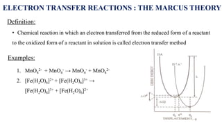 ELECTRON TRANSFER REACTIONS : THE MARCUS THEORY
Definition:
• Chemical reaction in which an electron transferred from the reduced form of a reactant
to the oxidized form of a reactant in solution is called electron transfer method
Examples:
1. MnO4
2- + MnO4
- → MnO4
- + MnO4
2-
2. [Fe(H2O)6]2+ + [Fe(H2O)6]3+ →
[Fe(H2O)6]3+ + [Fe(H2O)6]2+
 