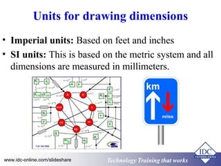 Units for drawing dimensions 
• Imperial units: Based on feet and inches 
• SI units: This is based on the metric system and all 
dimensions are measured in millimeters. 
www.idc-online.com/slideshare Technology TTrraaiinniinngg tthhaatt WWoorrkkss 
 