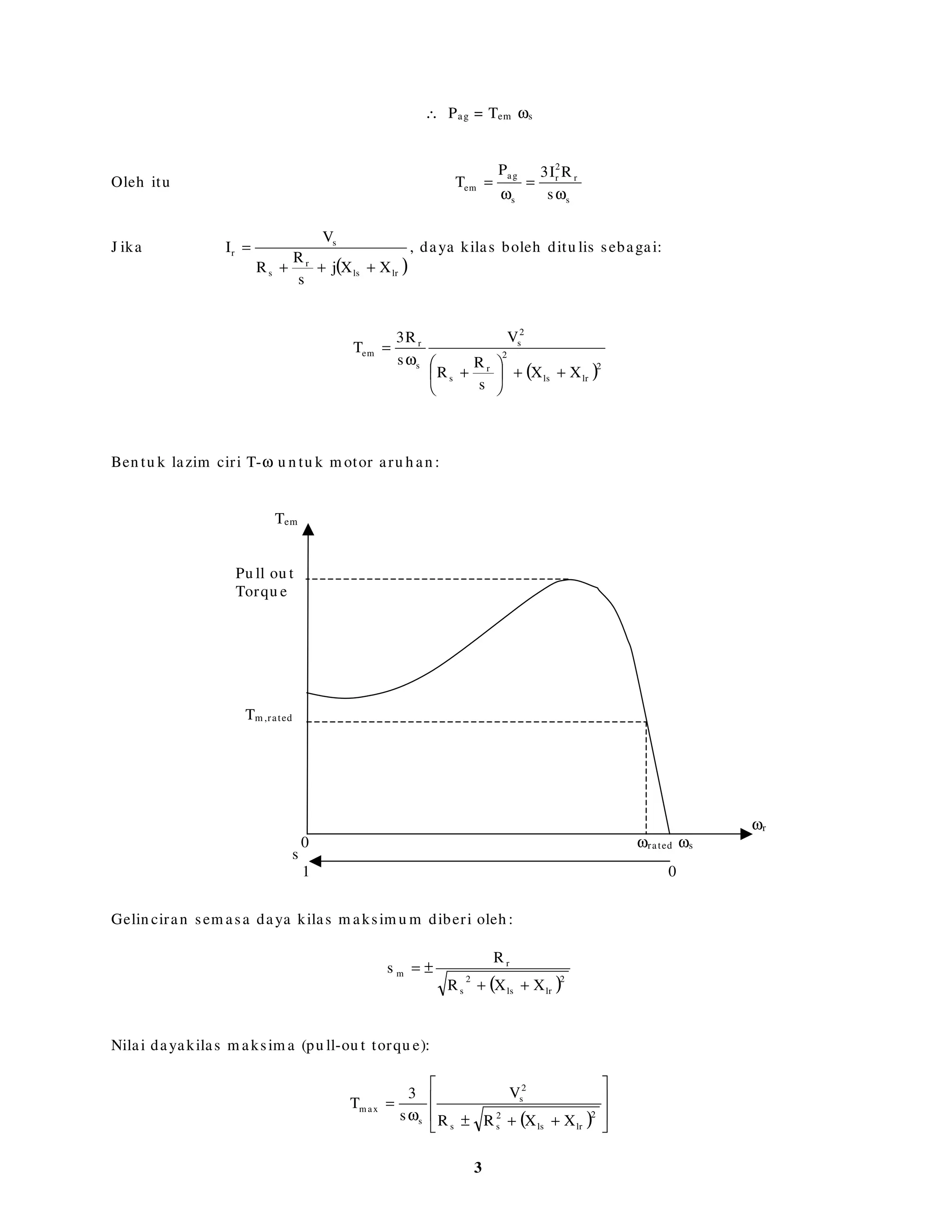 2
Vs = Rs Is + j(2πf)Lls + Eag (5)
d.g.e. yan g teraru h pada rotor adalah disebabkan oleh flu ks m agn et yan g sam a tapi pada
freku en si gelin ciran dan ia boleh ditu lis sebagai:
Er = k sf φag = sEag (6)
Oleh itu , persam aan u n tu k litar rotor ialah :
Er = sEag = Rr Ir + js(2πf)Llr (7)
J ika kedu a-du a belah persam aan dibah agi den gan s,
lrr
r
ag L)f2(jI
s
R
E π+=⇒ (8)
Litar setara per fasa
Rs – Rin tan gan belitan stator
Rr – Rin tan gan pen galir rotor
Lls – Kearu h an bocor belitan stator
Llr – Kearu h an bocor belitan rotor
Lm – Kearu h an kem agn etan
s – gelin ciran
Rotor tidak m em pu n yai su m ber ku asa, oleh itu ku asa yan g dipin dah kan dari litar stator ke litar
rotor diken ali sebagai ku asa sela u dara (air-gap power) dan diberi oleh :
Ku asa m ekan ikal boleh ditu lis dalam sebu tan dayakilas dan laju rotor sebagai:
Pm = Tem ωr
Tapi sωs = ωs - ωr ⇒ ωr = (1-s)ωs
+
Vs
–
Rs Lls Llr
Rr
s
+
Eag
–
Is Ir
Im
Lm
Hilan g
pada Rr Ditu kar kepada ku asa m ekan ikal
Pm = (1- s)Pag
[ ]s1
s
R
I3RI3
s
R
I3P r2
rr
2
r
r2
rag −+==
 
