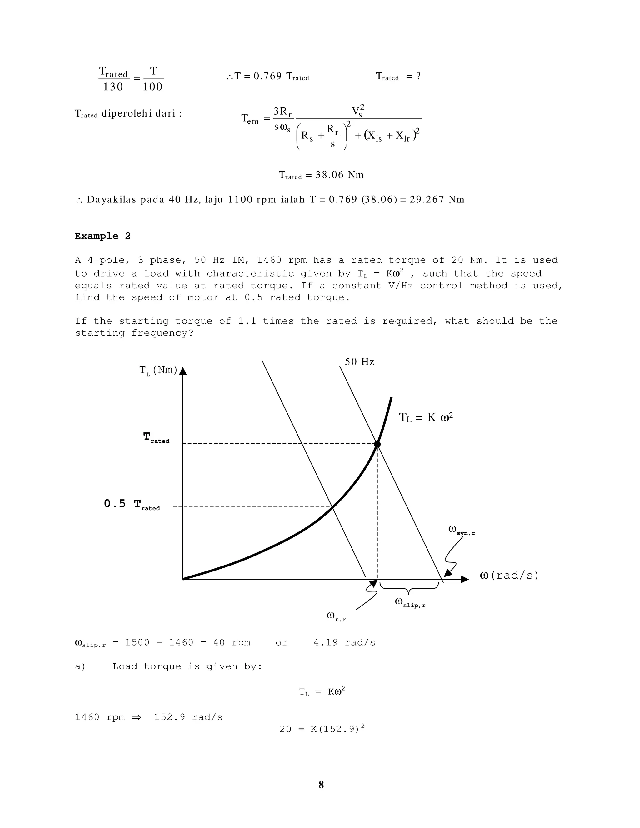 7
∴Nr = Ns ï 1slip = 900 ï04 = 796 rpm
(b)
Ns = 130 + 1000 = 1130 rpm
∴ f = 37.67 Hz
(c)
∴ Ns = 1200 rpm
Nslip = 1200 ï  USP
50 Hz? Hz
Trated
1500
Nslip,rated
= 130
1000 Ns
Nslip,rated
= 130
rpm
1370
60f
p
2
Ns ×=
50 Hz40 Hz
Trated
T = ?
1500
Nslip,rated
= 130 rpm
1100 Ns
Nslip
1370
60f
p
2
Ns ×=
 