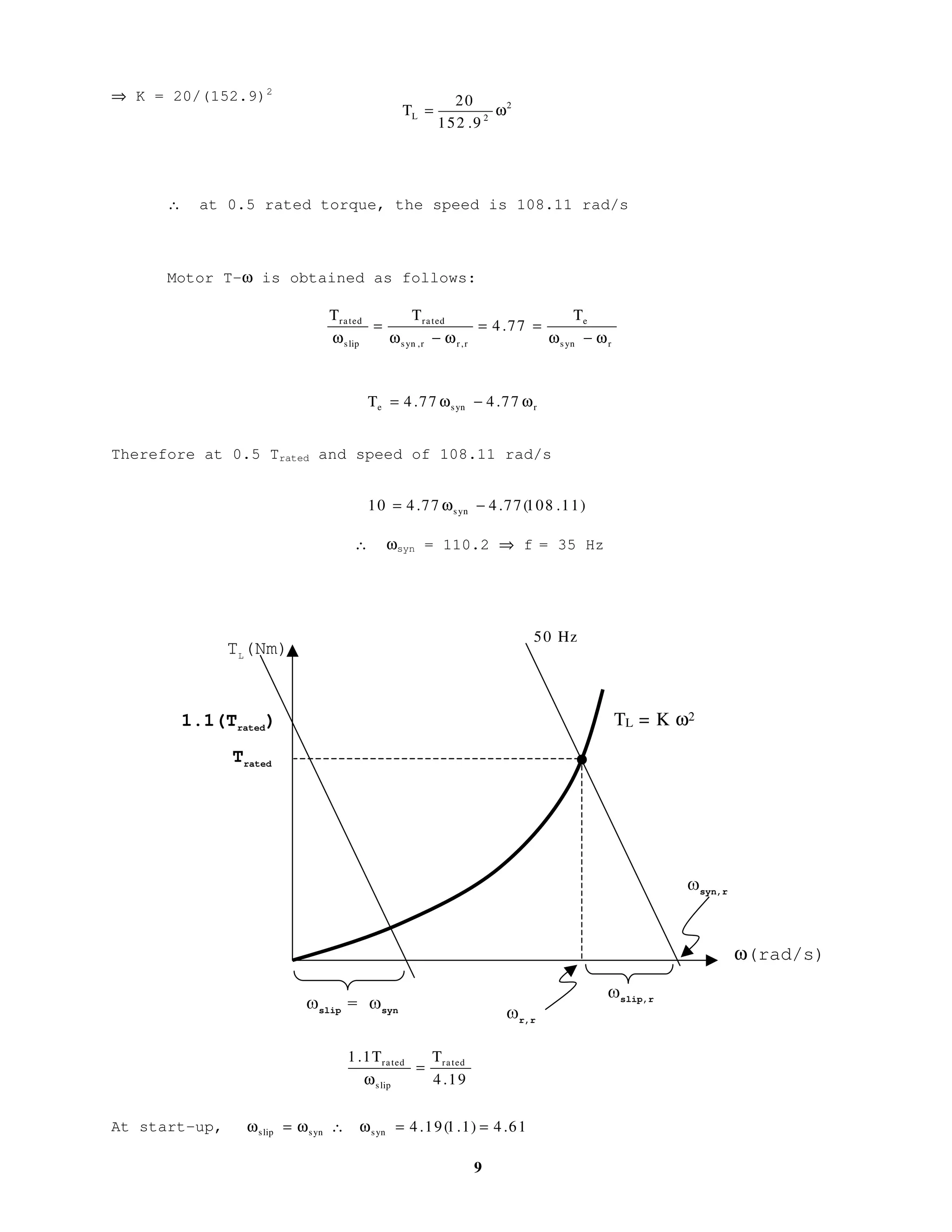 8
∴T = 0.769 Trated Trated = ?
Trated diperoleh i dari :
Trated = 38.06 Nm
∴ Dayakilas pada 40 Hz, laju 1100 rpm ialah T = 0.769 (38.06) = 29.267 Nm
Example 2
A 4–pole, 3-phase, 50 Hz IM, 1460 rpm has a rated torque of 20 Nm. It is used
to drive a load with characteristic given by TL = Kω2
, such that the speed
equals rated value at rated torque. If a constant V/Hz control method is used,
find the speed of motor at 0.5 rated torque.
If the starting torque of 1.1 times the rated is required, what should be the
starting frequency?
ωslip,r = 1500 – 1460 = 40 rpm or 4.19 rad/s
a) Load torque is given by:
TL = Kω2
1460 rpm ⇒ 152.9 rad/s
20 = K(152.9)2
100
T
130
Trated =
( )2
lrls
2
r
s
2
s
s
r
em
XX
s
R
R
V
s
R3
T
++




 +
ω
=
TL = K ω2
TL(Nm)
ω(rad/s)
Trated
Zslip,r
Zsyn,r
Zr,r
50 Hz
0.5 Trated
 