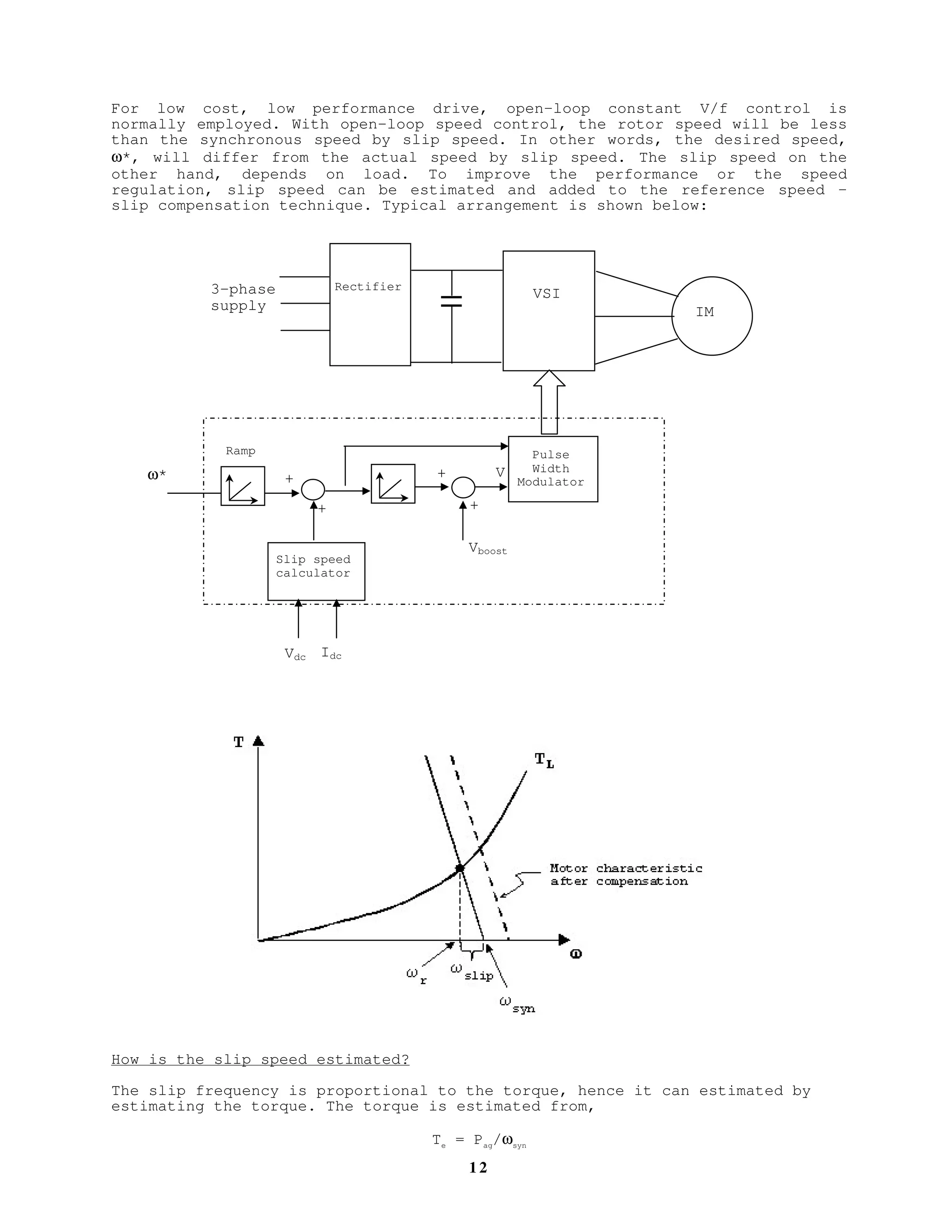 1 1
To accurately boost the voltage, stator current needs to be measured. The
voltage drop drop is calculated and added to stator voltage on-line
ii) Control the stator current such that constant magnetising current is
maintained. This is achieved by using a current-controlled voltage source
inverter.
m
r
lr
r
mlr
1
1
r
mlr
r
lr
m
I
s
R
Lj
s
R
)LL(j
I
I
s
R
)LL(j
s
R
Lj
I
+ω
++ω
=⇒
++ω
+ω
=
Introducing σr = rotor leakage factor, which gives, Llr = σrLm,
,I
1T
1
j
1Tj
I
I
s
R
L
1
j
s
R
Lj
I
m
r
r
r
slip
rslip
1
m
r
r
r
r
r
r
1
+







σ+
σ
ω
+ω
=
+







σ+
σ
ω
+ω
=
Where Tr
= Lr
/Rr
and ωslip
= ω - ωr
= sω
The method depends on the rotor parameters, which vary with temperature.
Open-loop V/f control
 