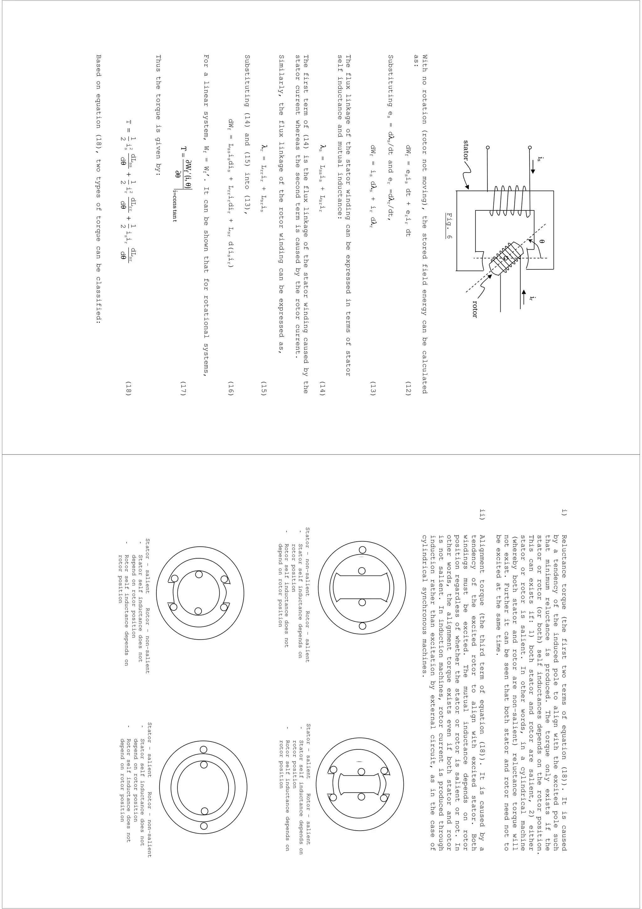 Fig.6
Withnorotation(rotornotmoving),thestoredfieldenergycanbecalculated
as:
dWf=esisdt+erirdt(12)
Substitutinges=dλs/dtander=dλr/dt,
dWf=isdλs+irdλr(13)
Thefluxlinkageofthestatorwindingcanbeexpressedintermsofstator
selfinductanceandmutualinductance:
λs=Lssis+Lsrir(14)
Thefirsttermof(14)isthefluxlinkageofthestatorwindingcausedbythe
statorcurrentwhereasthesecondtermiscausedbytherotorcurrent.
Similarly,thefluxlinkageoftherotorwindingcanbeexpressedas,
λr=Lrrir+Lsris(15)
Substituting(14)and(15)into(13),
dWf=Lssisdis+Lrrirdir+Lsrd(isir)(16)
Foralinearsystem,Wf=Wf’.Itcanbeshownthatforrotationalsystems,
=θ∂
θ∂
=(17)
Thusthetorqueisgivenby:
θ
+
θ
+
θ
=
d
dL
ii
2
1
d
dL
i
2
1
d
dL
i
2
1
Tsr
rs
rr2
r
ss2
s(18)
Basedonequation(18),twotypesoftorquecanbeclassified:
θ
i)Reluctancetorque(thefirsttwotermsofequation(18)).Itiscaused
byatendencyoftheinducedpoletoalignwiththeexcitedpolesuch
thatminimumreluctanceisproduced.Thetorqueonlyexistsifthe
statororrotor(orboth)selfinductancesdependsontherotorposition.
Thiscanexistsif:1)bothstatorandrotoraresalient,2)either
statororrotorissalient.Inotherwords,inacylindricalmachine
(wherebybothstatorandrotorarenon-salient)reluctancetorquewill
notexist.Furtheritcanbeseenthatbothstatorandrotorneednotto
beexcitedatthesametime.
ii)Alignmenttorque(thethirdtermofequation(18)).Itiscausedbya
tendencyoftheexcitedrotortoalignwithexcitedstator.Both
windingsmustbeexcited.Themutualinductancedependsonrotor
positionregardlessofwhetherthestatororrotorissalientornot.In
otherwords,thealignmenttorqueexistsevenifbothstatorandrotor
isnotsalient.Ininductionmachines,rotorcurrentisproducedthrough
inductionratherthanexcitationbyexternalcircuit,asinthecaseof
cylindricalsynchronousmachines.
Stator-non-salientRotor–salient
-Statorselfinductancedependson
rotorposition
-Rotorselfinductancedoesnot
dependonrotorposition
Stator-salientRotor–salient
-Statorselfinductancedependson
rotorposition
-Rotorselfinductancedependson
rotorposition
Stator-salientRotor–non-salient
-Statorselfinductancedoesnot
dependonrotorposition
-Rotorselfinductancedependson
rotorposition
Stator-salientRotor–non-salient
-Statorselfinductancedoesnot
dependonrotorposition
-Rotorselfinductancedoesnot
dependonrotorposition
 