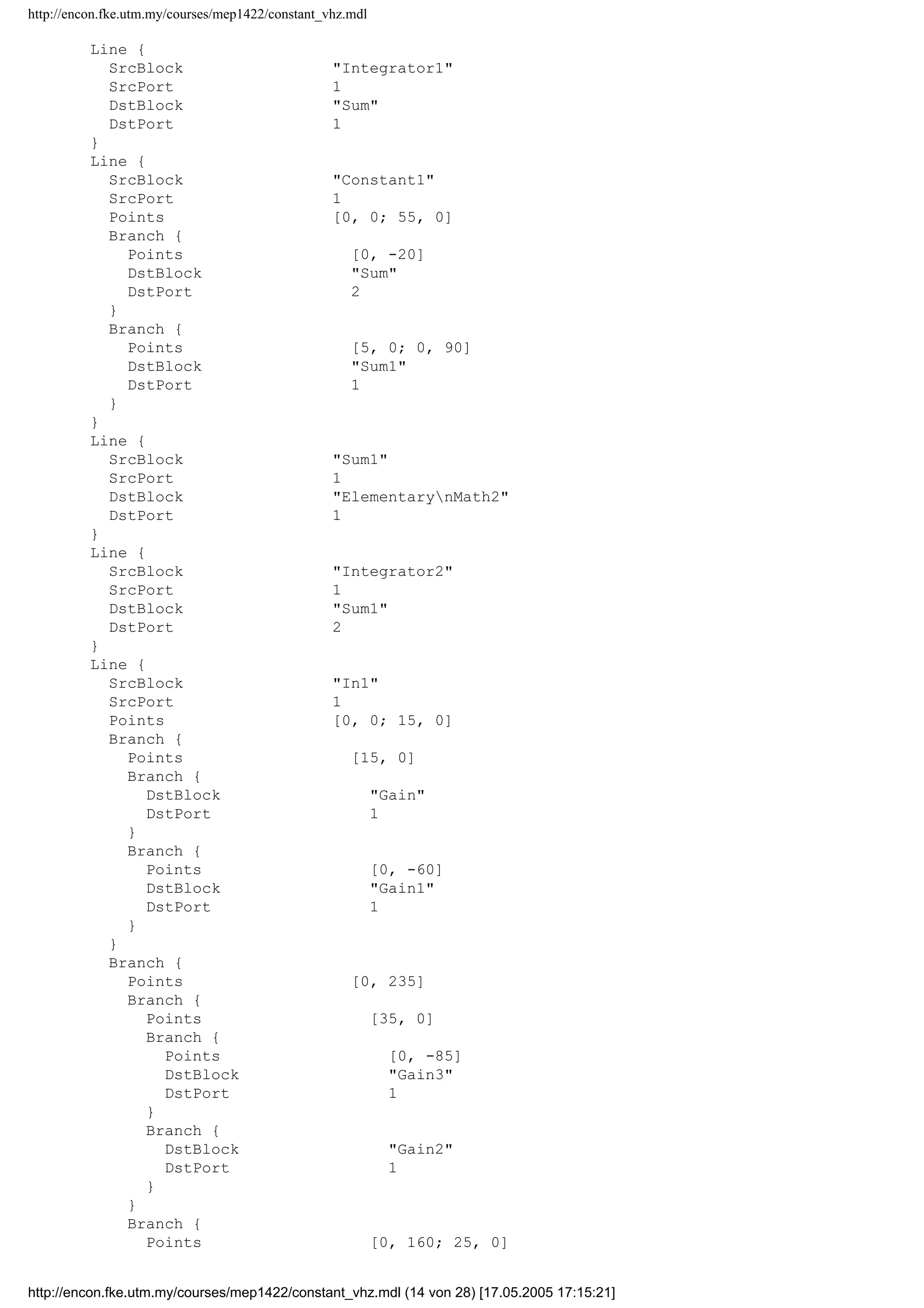 http://encon.fke.utm.my/courses/mep1422/constant_vhz.mdl
Block {
BlockType Outport
Name Out1
Position [395, 83, 425, 97]
}
Block {
BlockType Outport
Name Out2
Position [455, 318, 485, 332]
Port 2
}
Block {
BlockType Outport
Name Out3
Position [440, 478, 470, 492]
Port 3
}
Line {
SrcBlock Integrator
SrcPort 1
DstBlock ElementarynMath
DstPort 1
}
Line {
SrcBlock ElementarynMath
SrcPort 1
DstBlock Dot Product2
DstPort 2
}
Line {
SrcBlock Gain
SrcPort 1
DstBlock Integrator
DstPort 1
}
Line {
SrcBlock ElementarynMath1
SrcPort 1
DstBlock Dot Product1
DstPort 2
}
Line {
SrcBlock Gain2
SrcPort 1
DstBlock Integrator1
DstPort 1
}
Line {
SrcBlock ElementarynMath2
SrcPort 1
DstBlock Dot Product3
DstPort 2
}
Line {
SrcBlock Gain4
SrcPort 1
DstBlock Integrator2
DstPort 1
}
Line {
SrcBlock Sum
SrcPort 1
DstBlock ElementarynMath1
DstPort 1
}
http://encon.fke.utm.my/courses/mep1422/constant_vhz.mdl (13 von 28) [17.05.2005 17:15:21]
 
