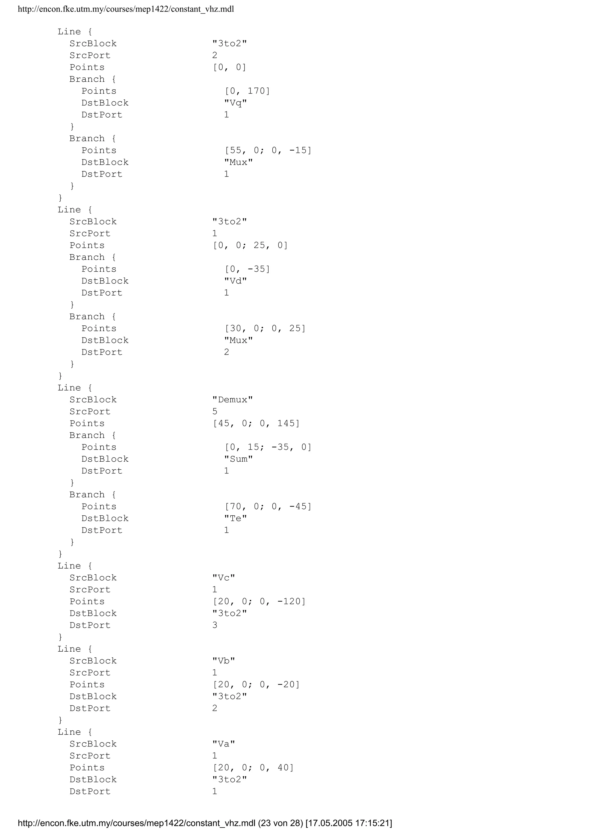 http://encon.fke.utm.my/courses/mep1422/constant_vhz.mdl
Block {
BlockType Outport
Name isq
Position [625, 70, 645, 90]
Port 2
InitialOutput 0
}
Block {
BlockType Outport
Name ird
Position [600, 140, 620, 160]
Port 3
InitialOutput 0
}
Block {
BlockType Outport
Name speed
Position [90, 410, 110, 430]
Orientation left
Port 4
InitialOutput 0
}
Block {
BlockType Outport
Name Vd
Position [265, 50, 285, 70]
Port 5
InitialOutput 0
}
Block {
BlockType Outport
Name irq
Position [595, 185, 615, 205]
Port 6
InitialOutput 0
}
Block {
BlockType Outport
Name Vq
Position [90, 285, 110, 305]
Orientation left
Port 7
InitialOutput 0
}
Block {
BlockType Outport
Name Te
Position [715, 230, 735, 250]
Port 8
InitialOutput 0
}
Line {
SrcBlock Demux
SrcPort 1
Points [60, 0; 0, -20]
DstBlock isq
DstPort 1
}
Line {
SrcBlock Demux
SrcPort 2
Points [65, 0; 0, -75]
DstBlock isd
DstPort 1
}
http://encon.fke.utm.my/courses/mep1422/constant_vhz.mdl (22 von 28) [17.05.2005 17:15:21]
 