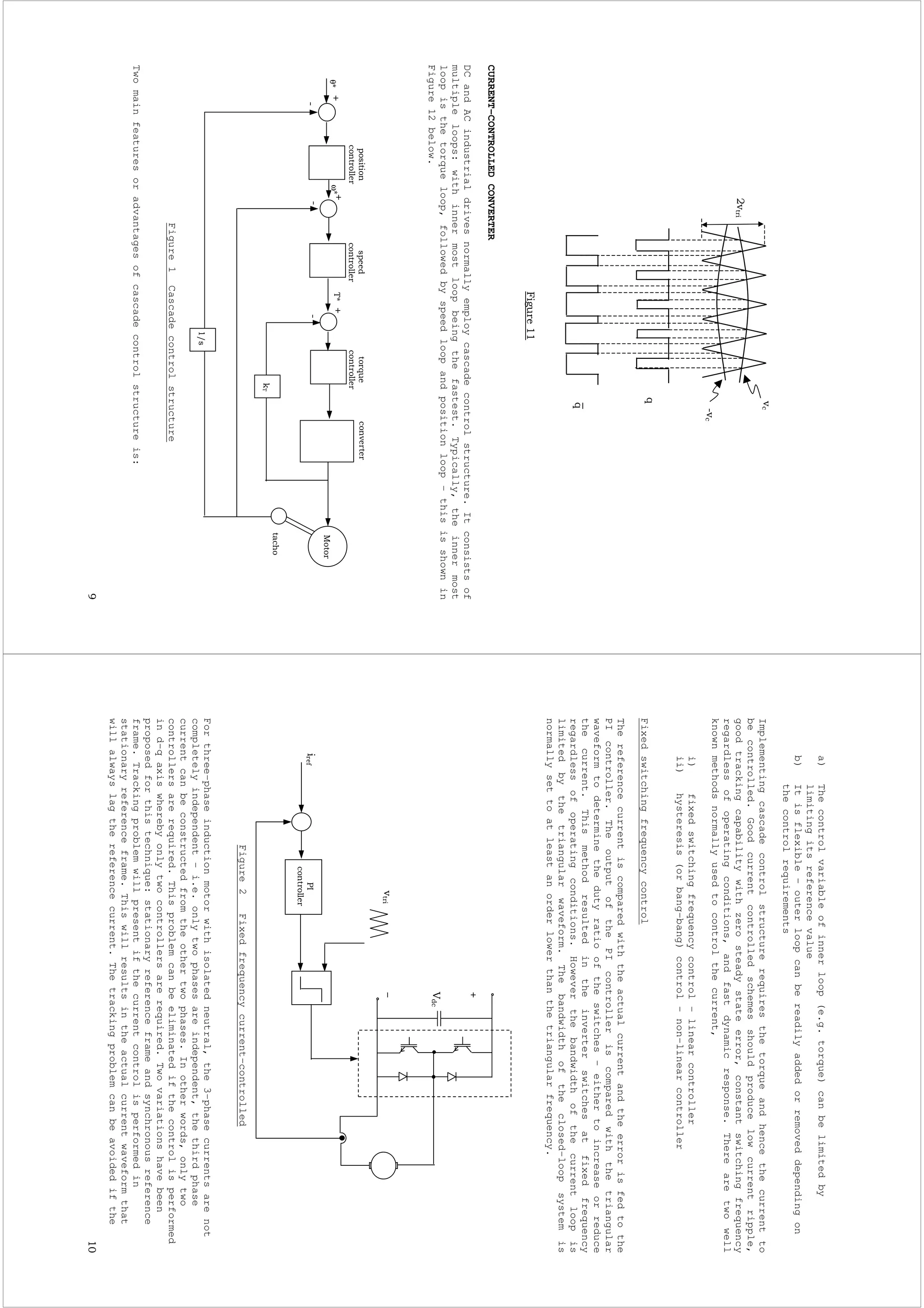 -
CURRENT-CONTROLLEDCONVERTER
DCandACindustrialdrivesnormallyemploycascadecontrolstructure.Itconsistsof
multipleloops:withinnermostloopbeingthefastest.Typically,theinnermost
loopisthetorqueloop,followedbyspeedloopandpositionloop–thisisshownin
Figure12below.
Figure1Cascadecontrolstructure
Twomainfeaturesoradvantagesofcascadecontrolstructureis:
!
!
,
/
!00
,,,
1
θ2
2ω2
3
a)Thecontrolvariableofinnerloop(e.g.torque)canbelimitedby
limitingitsreferencevalue
b)Itisflexible–outerloopcanbereadilyaddedorremoveddependingon
thecontrolrequirements
Implementingcascadecontrolstructurerequiresthetorqueandhencethecurrentto
becontrolled.Goodcurrentcontrolledschemesshouldproducelowcurrentripple,
goodtrackingcapabilitywithzerosteadystateerror,constantswitchingfrequency
regardlessofoperatingconditions,andfastdynamicresponse.Therearetwowell
knownmethodsnormallyusedtocontrolthecurrent,
i)fixedswitchingfrequencycontrol–linearcontroller
ii)hysteresis(orbang-bang)control–non–linearcontroller
Fixedswitchingfrequencycontrol
Thereferencecurrentiscomparedwiththeactualcurrentandtheerrorisfedtothe
PIcontroller.TheoutputofthePIcontrolleriscomparedwiththetriangular
waveformtodeterminethedutyratiooftheswitches–eithertoincreaseorreduce
thecurrent.Thismethodresultedintheinverterswitchesatfixedfrequency
regardlessofoperatingconditions.Howeverthebandwidthofthecurrentloopis
limitedbythetriangularwaveform.Thebandwidthoftheclosed–loopsystemis
normallysettoatleastanorderlowerthanthetriangularfrequency.
Figure2Fixedfrequencycurrent–controlled
Forthree-phaseinductionmotorwithisolatedneutral,the3-phasecurrentsarenot
completelyindependent–i.e.onlytwophasesareindependent,thethirdphase
currentcanbeconstructedfromtheothertwophases.Inotherwords,onlytwo
controllersarerequired.Thisproblemcanbeeliminatedifthecontrolisperformed
ind-qaxiswherebyonlytwocontrollersarerequired.Twovariationshavebeen
proposedforthistechnique:stationaryreferenceframeandsynchronousreference
frame.Trackingproblemwillpresentifthecurrentcontrolisperformedin
stationaryreferenceframe.Thiswillresultsintheactualcurrentwaveformthat
willalwayslagthereferencecurrent.Thetrackingproblemcanbeavoidedifthe
456
 