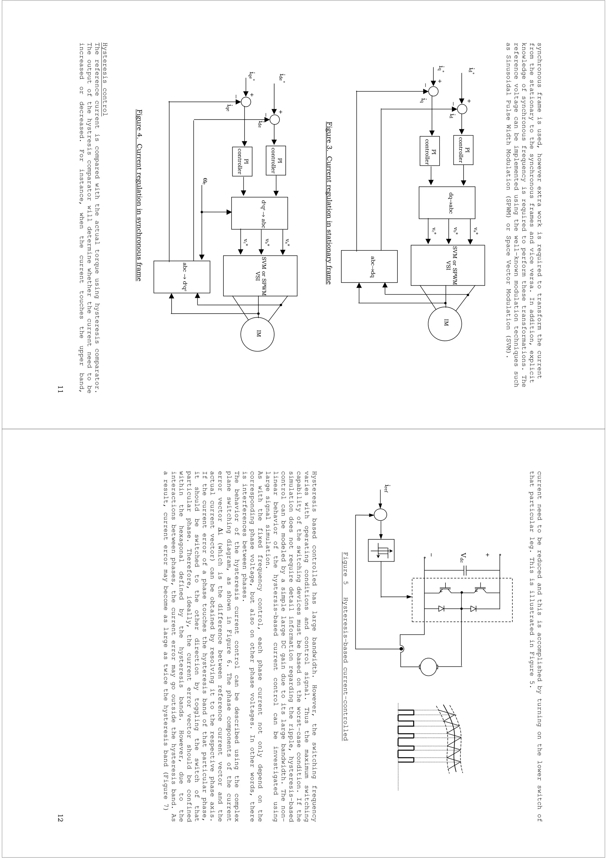 synchronousframeisused,howeverextraworkisrequiredtotransformthecurrent
fromthestationarytothesynchronousframesandviceversa.Inaddition,explicit
knowledgeofsynchronousfrequencyisrequiredtoperformthesetransformations.The
referencevoltagecanbeimplementedusingthewell-knownmodulationtechniquessuch
asSinusoidalPulseWidthModulation(SPWM)orSpaceVectorModulation(SVM).
Hysteresiscontrol
Thereferencecurrentiscomparedwiththeactualtorqueusinghysteresiscomparator.
Theoutputofthehystresiscomparatorwilldeterminewhetherthecurrentneedtobe
increasedordecreased.Forinstance,whenthecurrenttouchestheupperband,
56
56
!→.717581
7661
ω
.→!
2
!
2
2
.2
2
−
−
!
56
56
!→.
.→!
717581
7661
2
!
2
2
.2
2
!
−
−
9:;4
9:;4
currentneedtobereducedandthisisaccomplishedbyturningonthelowerswitchof
thatparticularleg.ThisisillustratedinFigure5.
Figure5Hysteresis–basedcurrent–controlled
Hysteresisbasedcontrolledhaslargebandwidth.However,theswitchingfrequency
varieswithoperatingconditionsandcontrolsignal.Thusthemaximumswitching
capabilityoftheswitchingdevicesmustbebasedontheworst–casecondition.Ifthe
simulationdoesnotrequiredetailinformationregardingtheripple,hysteresis-based
controlcanbemodeledbyasimplelargeDCgainduetoitslargebandwidth.Thenon-
linearbehaviorofthehystersis-basedcurrentcontrolcanbeinvestigatedusing
largesignalsimulation.
Aswiththefixedfrequencycontrol,eachphasecurrentnotonlydependonthe
correspondingphasevoltage,butalsoonotherphasevoltages.Inotherwords,there
isinterferencesbetweenphases.
Thebehaviorofthehysteresiscurrentcontrolcanbedescribedusingthecomplex
planeswitchingdiagram,asshowninFigure6.Thephasecomponentsofthecurrent
errorvector∆i(whichisthedifferencebetweenreferencecurrentvectorandthe
actualcurrentvector)canbeobtainedbyresolvingittotherespectivephaseaxis.
Ifthecurrenterrorofaphasetouchesthehysteresisbandofthatparticularphase,
itshouldbeswitchedtotheotherdirectionbytogglingtheswitchofthat
particularphase.Therefore,ideally,thecurrenterrorvectorshouldbeconfined
withinthehexagonaldefinedbythehysteresisbands.However,duetothe
interactionsbetweenphases,thecurrenterrormaygooutsidethehysteresisband.As
aresult,currenterrormaybecomeaslargeastwicethehysteresisband(Figure7)
4
 