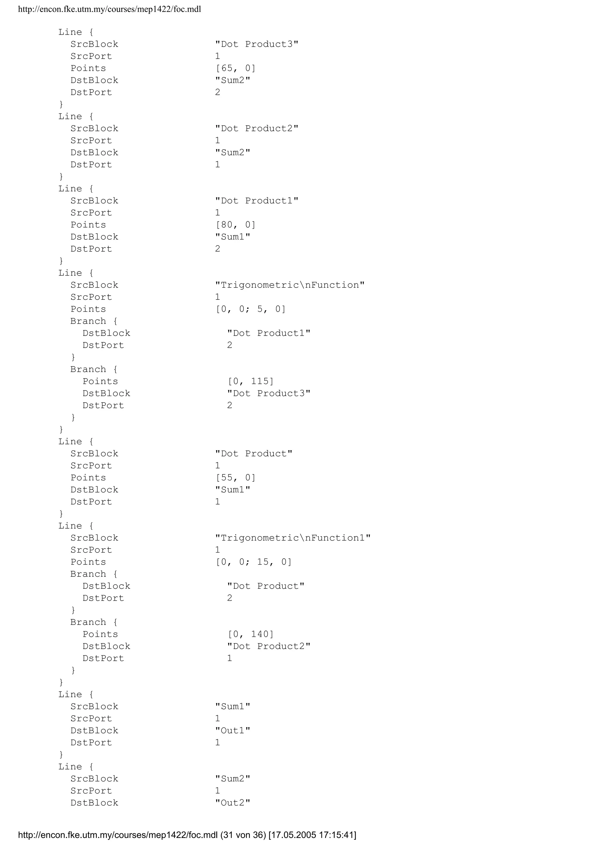 http://encon.fke.utm.my/courses/mep1422/foc.mdl
Ports [1, 1]
Position [165, 145, 195, 175]
}
Block {
BlockType Trigonometry
Name TrigonometricnFunction1
Ports [1, 1]
Position [170, 55, 200, 85]
Operator cos
}
Block {
BlockType Outport
Name Out1
Position [395, 98, 425, 112]
}
Block {
BlockType Outport
Name Out2
Position [395, 213, 425, 227]
Port 2
}
Line {
SrcBlock fp
SrcPort 1
Points [5, 0; 0, 5; 25, 0; 0, -95]
Branch {
DstBlock TrigonometricnFunction
DstPort 1
}
Branch {
Points [0, -90]
DstBlock TrigonometricnFunction1
DstPort 1
}
}
Line {
SrcBlock id
SrcPort 1
Points [0, 0; 80, 0]
Branch {
Points [0, 230]
DstBlock Dot Product3
DstPort 1
}
Branch {
Points [90, 0]
DstBlock Dot Product
DstPort 1
}
}
Line {
SrcBlock iq
SrcPort 1
Points [0, 0; 70, 0]
Branch {
Points [0, 105]
DstBlock Dot Product2
DstPort 2
}
Branch {
Points [90, 0; 0, 25]
DstBlock Dot Product1
DstPort 1
}
}
http://encon.fke.utm.my/courses/mep1422/foc.mdl (30 von 36) [17.05.2005 17:15:41]
 