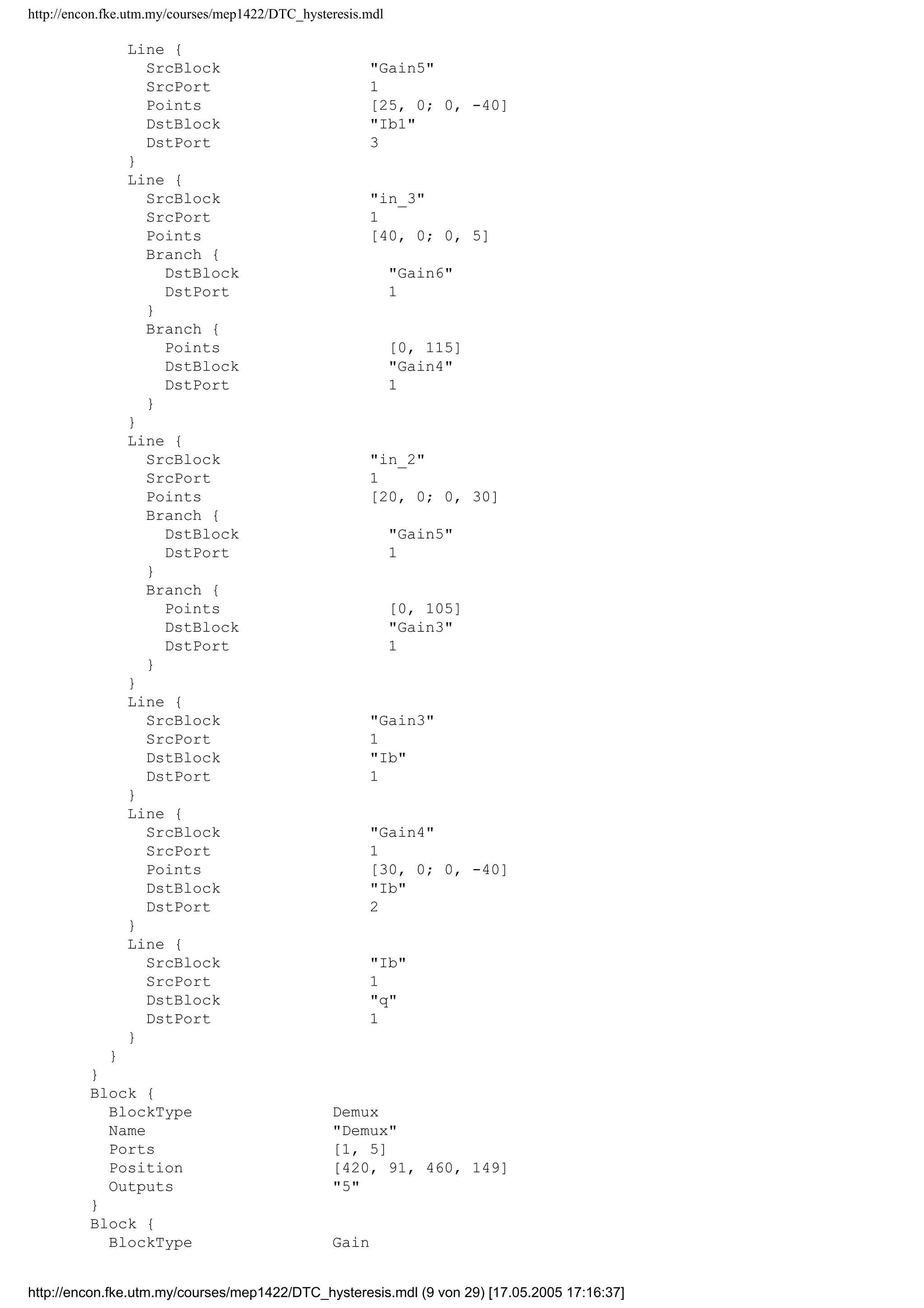 http://encon.fke.utm.my/courses/mep1422/DTC_hysteresis.mdl
BlockType Gain
Name Gain6
Position [140, 183, 180, 207]
Gain -0.33333
}
Block {
BlockType Gain
Name Gain7
Position [135, 63, 175, 87]
Gain 0.66666
}
Block {
BlockType Sum
Name Ib
Ports [2, 1]
Position [240, 255, 260, 275]
}
Block {
BlockType Sum
Name Ib1
Ports [3, 1]
Position [260, 87, 280, 123]
Inputs +++
}
Block {
BlockType Outport
Name d
Position [330, 60, 350, 80]
InitialOutput 0
}
Block {
BlockType Outport
Name q
Position [310, 250, 330, 270]
Port 2
InitialOutput 0
}
Line {
SrcBlock Ib1
SrcPort 1
Points [15, 0; 0, -35]
DstBlock d
DstPort 1
}
Line {
SrcBlock Gain7
SrcPort 1
Points [30, 0; 0, 20]
DstBlock Ib1
DstPort 1
}
Line {
SrcBlock in_1
SrcPort 1
Points [40, 0; 0, 15]
DstBlock Gain7
DstPort 1
}
Line {
SrcBlock Gain6
SrcPort 1
Points [30, 0; 0, -90]
DstBlock Ib1
DstPort 2
}
http://encon.fke.utm.my/courses/mep1422/DTC_hysteresis.mdl (8 von 29) [17.05.2005 17:16:37]
 