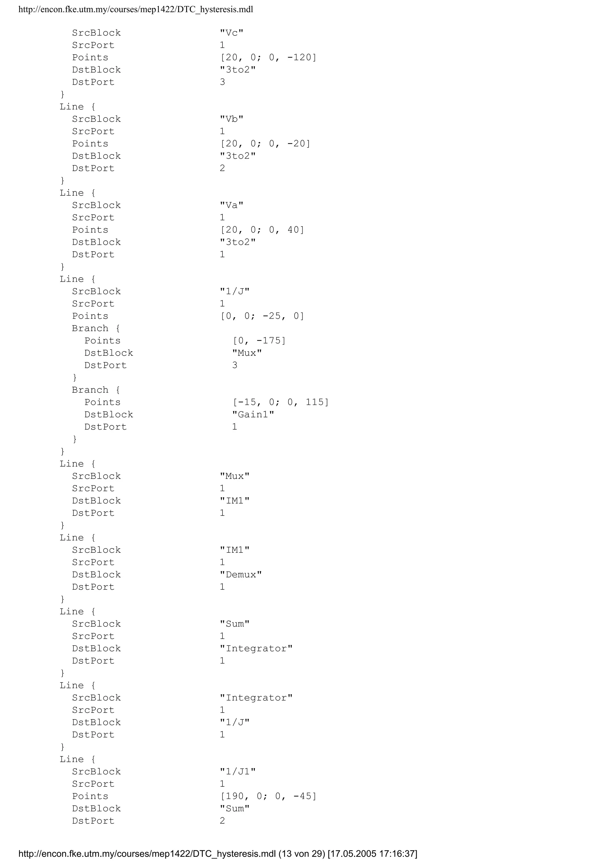 http://encon.fke.utm.my/courses/mep1422/DTC_hysteresis.mdl
Name Te
Position [715, 230, 735, 250]
Port 8
InitialOutput 0
}
Line {
SrcBlock Demux
SrcPort 1
Points [60, 0; 0, -20]
DstBlock isq
DstPort 1
}
Line {
SrcBlock Demux
SrcPort 2
Points [65, 0; 0, -75]
DstBlock isd
DstPort 1
}
Line {
SrcBlock 3to2
SrcPort 2
Points [0, 0]
Branch {
Points [0, 170]
DstBlock Vq
DstPort 1
}
Branch {
Points [55, 0; 0, -15]
DstBlock Mux
DstPort 1
}
}
Line {
SrcBlock 3to2
SrcPort 1
Points [0, 0; 25, 0]
Branch {
Points [0, -35]
DstBlock Vd
DstPort 1
}
Branch {
Points [30, 0; 0, 25]
DstBlock Mux
DstPort 2
}
}
Line {
SrcBlock Demux
SrcPort 5
Points [45, 0; 0, 145]
Branch {
Points [0, 15; -35, 0]
DstBlock Sum
DstPort 1
}
Branch {
Points [70, 0; 0, -45]
DstBlock Te
DstPort 1
}
}
Line {
http://encon.fke.utm.my/courses/mep1422/DTC_hysteresis.mdl (12 von 29) [17.05.2005 17:16:37]
 