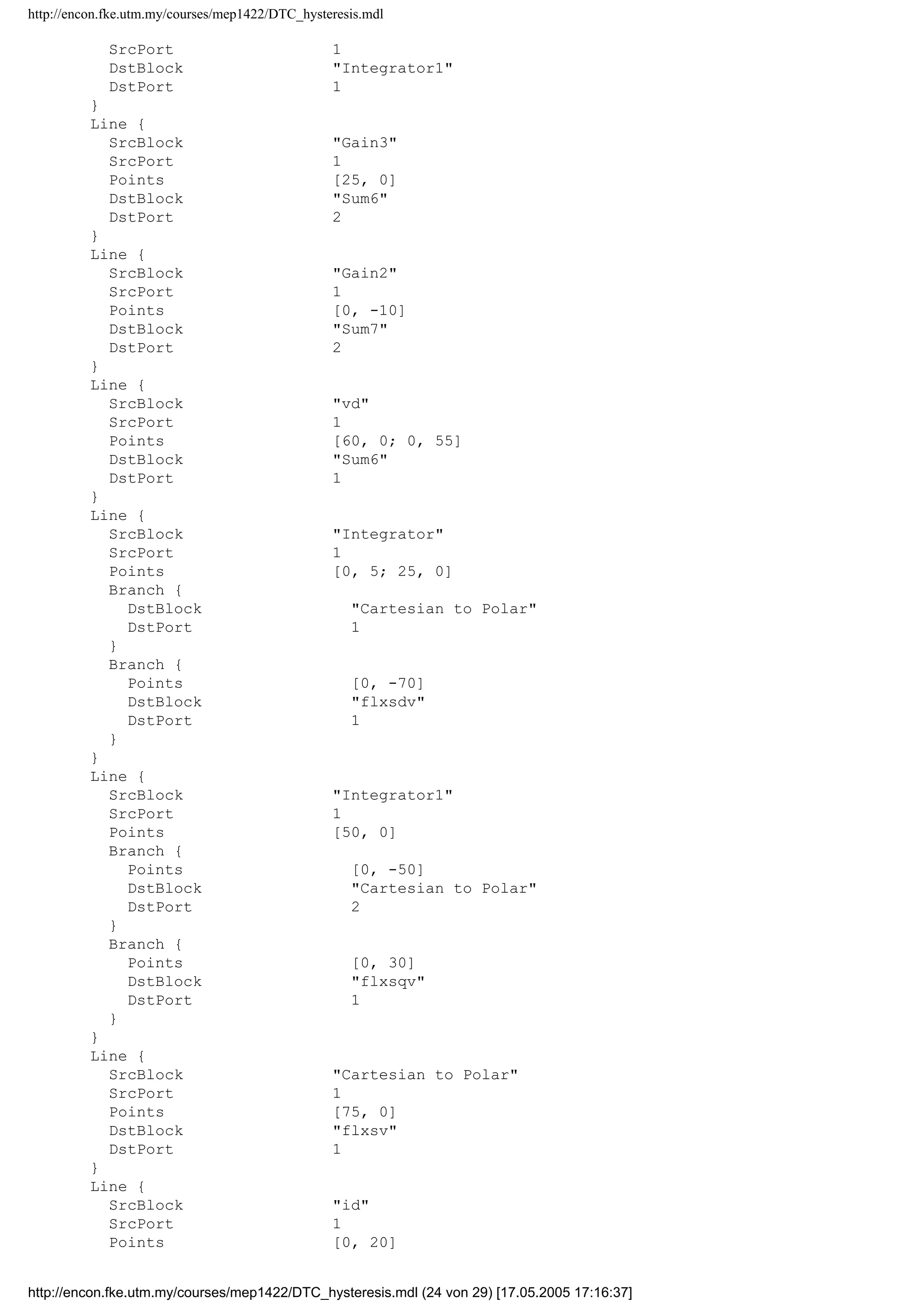 http://encon.fke.utm.my/courses/mep1422/DTC_hysteresis.mdl
Block {
BlockType Gain
Name Gain3
Position [170, 112, 195, 138]
Gain Rs
}
Block {
BlockType Integrator
Name Integrator
Ports [1, 1]
Position [315, 85, 345, 115]
}
Block {
BlockType Integrator
Name Integrator1
Ports [1, 1]
Position [310, 165, 340, 195]
}
Block {
BlockType Sum
Name Sum6
Ports [2, 1]
Position [240, 90, 260, 110]
Inputs +-
}
Block {
BlockType Sum
Name Sum7
Ports [2, 1]
Position [240, 145, 260, 165]
Inputs +-
}
Block {
BlockType Outport
Name flxsdv
Position [500, 28, 530, 42]
}
Block {
BlockType Outport
Name flxsv
Position [550, 88, 580, 102]
Port 2
InitialOutput 0
}
Block {
BlockType Outport
Name angflxsv
Position [480, 123, 510, 137]
Port 3
InitialOutput 0
}
Block {
BlockType Outport
Name flxsqv
Position [435, 203, 465, 217]
Port 4
}
Line {
SrcBlock Sum6
SrcPort 1
DstBlock Integrator
DstPort 1
}
Line {
SrcBlock Sum7
http://encon.fke.utm.my/courses/mep1422/DTC_hysteresis.mdl (23 von 29) [17.05.2005 17:16:37]
 
