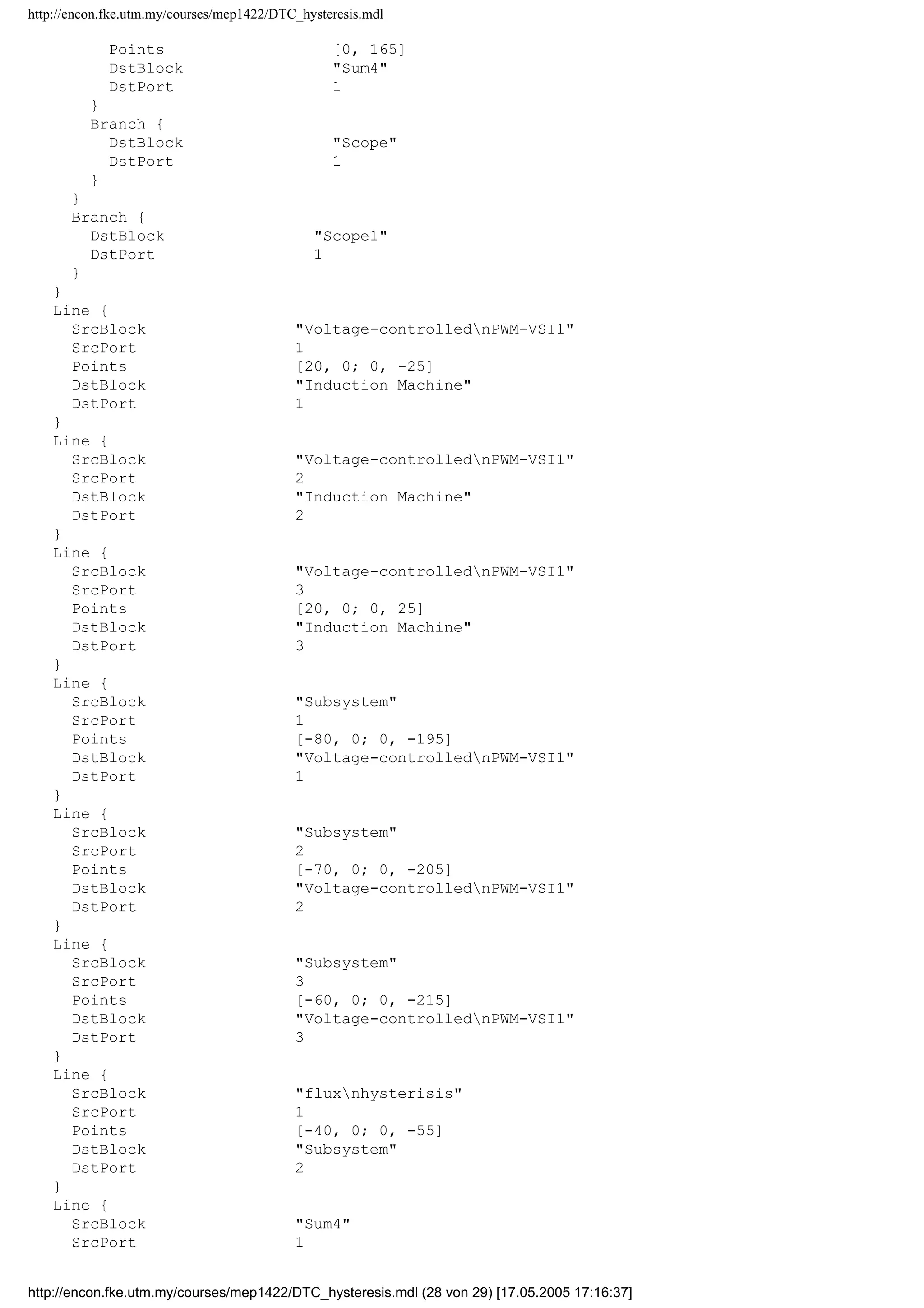 http://encon.fke.utm.my/courses/mep1422/DTC_hysteresis.mdl
}
Line {
SrcBlock Induction Machine
SrcPort 5
Points [30, 0; 0, -100]
DstBlock stator flux - voltage model
DstPort 1
}
Line {
SrcBlock Induction Machine
SrcPort 1
Points [110, 0]
DstBlock stator flux - voltage model
DstPort 2
}
Line {
SrcBlock Induction Machine
SrcPort 2
Points [70, 0; 0, 35]
DstBlock stator flux - voltage model
DstPort 4
}
Line {
SrcBlock Induction Machine
SrcPort 7
Points [15, 0; 0, -70]
DstBlock stator flux - voltage model
DstPort 3
}
Line {
SrcBlock stator flux - voltage model
SrcPort 3
Points [40, 0; 0, 270]
DstBlock S-Function2
DstPort 1
}
Line {
SrcBlock Induction Machine
SrcPort 8
Points [20, 0; 0, 20]
Branch {
Points [0, 90; 140, 0]
Branch {
Points [165, 0]
DstBlock Sum2
DstPort 1
}
Branch {
Points [0, -60]
DstBlock Scope
DstPort 2
}
}
Branch {
DstBlock Scope2
DstPort 1
}
}
Line {
SrcBlock stator flux - voltage model
SrcPort 2
Points [65, 0; 0, 95]
Branch {
Points [0, 60]
Branch {
http://encon.fke.utm.my/courses/mep1422/DTC_hysteresis.mdl (27 von 29) [17.05.2005 17:16:37]
 