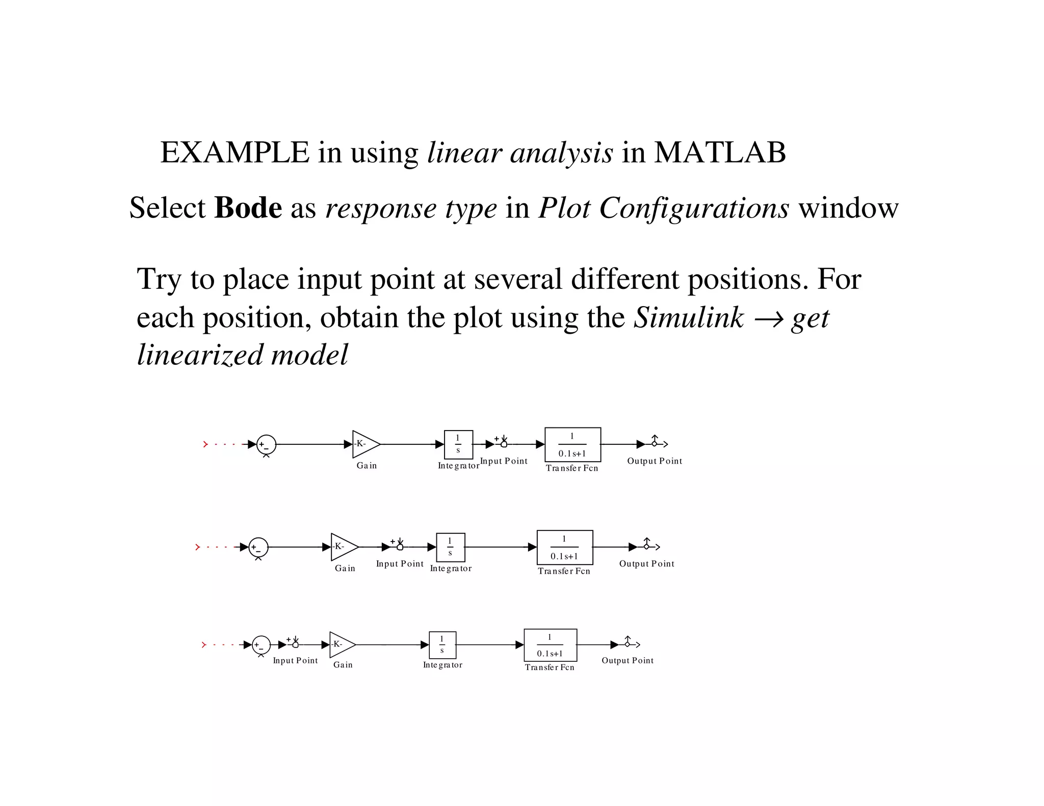 EXAMPLE in using linear analysis in MATLAB
Select Bode as response type in Plot Configurations window
Try to place input point at several different positions. For
each position, obtain the plot using the Simulink → get
linearized model
1
0.1s+1
Tra nsfer Fcn
Output P oint
1
s
Inte gra tor
Input P oint
-K-
Ga in
1
0.1s+1
Tra nsfer Fcn
Output P oint
1
s
Inte gra tor
Input P oint
-K-
Ga in
1
0.1s+1
Transfe r Fcn
Output Point
1
s
Inte gra tor
Input P oint
-K-
Gain
 