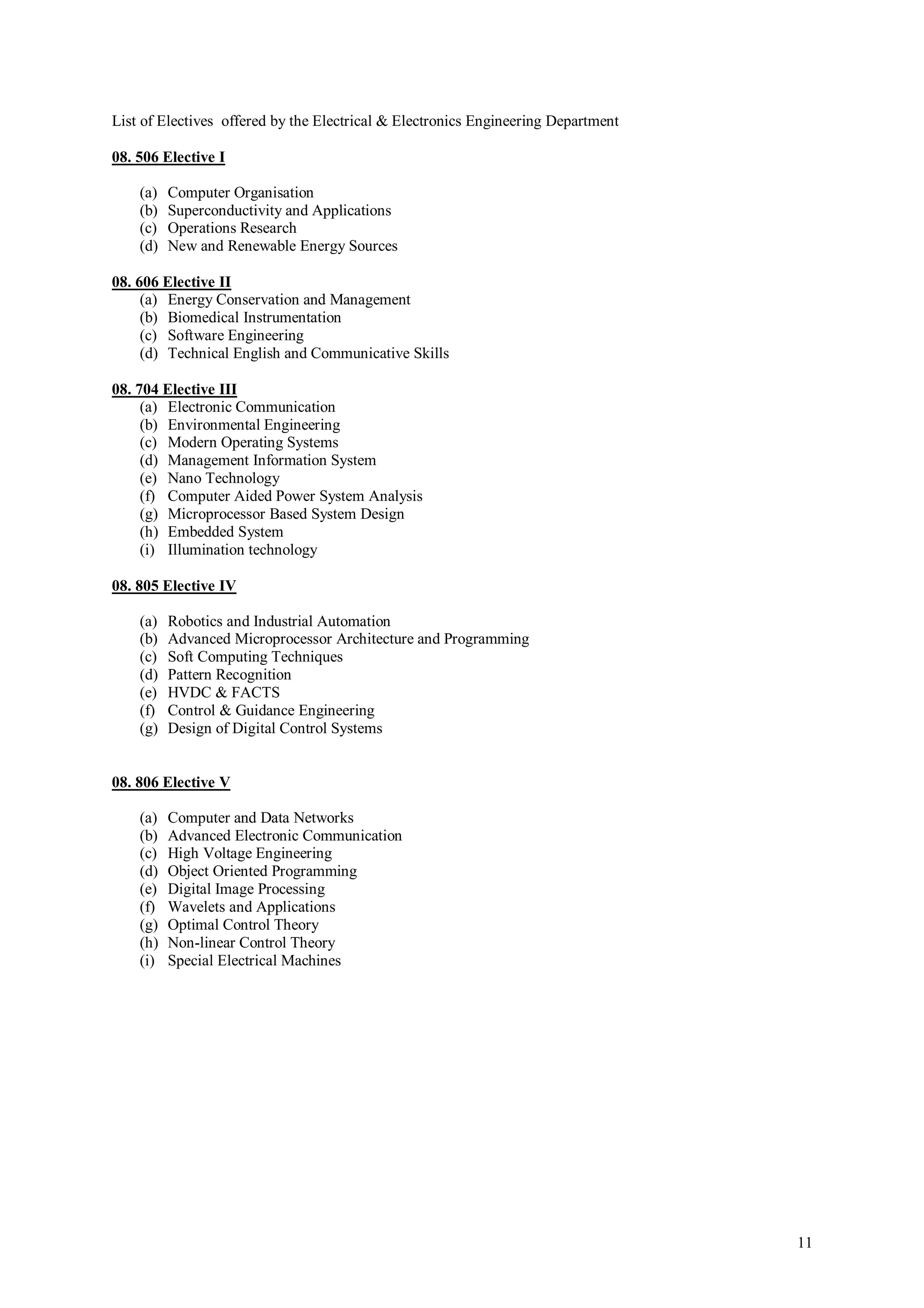 List of Electives offered by the Electrical & Electronics Engineering Department

08. 506 Elective I

    (a)   Computer Organisation
    (b)   Superconductivity and Applications
    (c)   Operations Research
    (d)   New and Renewable Energy Sources

08. 606 Elective II
     (a) Energy Conservation and Management
     (b) Biomedical Instrumentation
     (c) Software Engineering
     (d) Technical English and Communicative Skills

08. 704 Elective III
     (a) Electronic Communication
     (b) Environmental Engineering
     (c) Modern Operating Systems
     (d) Management Information System
     (e) Nano Technology
     (f) Computer Aided Power System Analysis
     (g) Microprocessor Based System Design
     (h) Embedded System
     (i) Illumination technology

08. 805 Elective IV

    (a)   Robotics and Industrial Automation
    (b)   Advanced Microprocessor Architecture and Programming
    (c)   Soft Computing Techniques
    (d)   Pattern Recognition
    (e)   HVDC & FACTS
    (f)   Control & Guidance Engineering
    (g)   Design of Digital Control Systems


08. 806 Elective V

    (a)   Computer and Data Networks
    (b)   Advanced Electronic Communication
    (c)   High Voltage Engineering
    (d)   Object Oriented Programming
    (e)   Digital Image Processing
    (f)   Wavelets and Applications
    (g)   Optimal Control Theory
    (h)   Non-linear Control Theory
    (i)   Special Electrical Machines




                                                                                   11
 