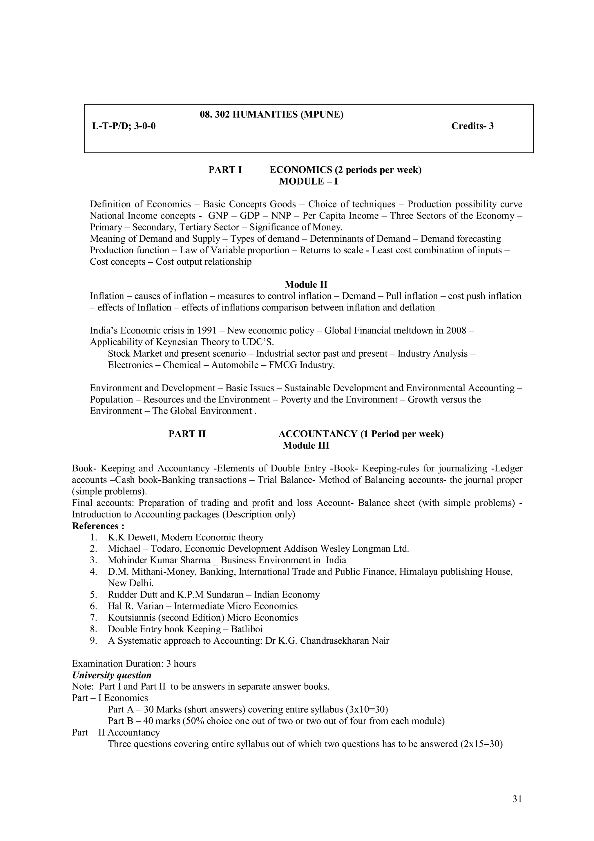 08. 302 HUMANITIES (MPUNE)
    L-T-P/D; 3-0-0                                                                              Credits- 3



                                  PART I          ECONOMICS (2 periods per week)
                                                   MODULE – I

    Definition of Economics – Basic Concepts Goods – Choice of techniques – Production possibility curve
    National Income concepts - GNP – GDP – NNP – Per Capita Income – Three Sectors of the Economy –
    Primary – Secondary, Tertiary Sector – Significance of Money.
    Meaning of Demand and Supply – Types of demand – Determinants of Demand – Demand forecasting
    Production function – Law of Variable proportion – Returns to scale - Least cost combination of inputs –
    Cost concepts – Cost output relationship

                                                       Module II
    Inflation – causes of inflation – measures to control inflation – Demand – Pull inflation – cost push inflation
    – effects of Inflation – effects of inflations comparison between inflation and deflation

    India’s Economic crisis in 1991 – New economic policy – Global Financial meltdown in 2008 –
    Applicability of Keynesian Theory to UDC’S.
        Stock Market and present scenario – Industrial sector past and present – Industry Analysis –
        Electronics – Chemical – Automobile – FMCG Industry.

    Environment and Development – Basic Issues – Sustainable Development and Environmental Accounting –
    Population – Resources and the Environment – Poverty and the Environment – Growth versus the
    Environment – The Global Environment .

                        PART II                     ACCOUNTANCY (1 Period per week)
                                                     Module III

Book- Keeping and Accountancy -Elements of Double Entry -Book- Keeping-rules for journalizing -Ledger
accounts –Cash book-Banking transactions – Trial Balance- Method of Balancing accounts- the journal proper
(simple problems).
Final accounts: Preparation of trading and profit and loss Account- Balance sheet (with simple problems) -
Introduction to Accounting packages (Description only)
References :
     1. K.K Dewett, Modern Economic theory
     2. Michael – Todaro, Economic Development Addison Wesley Longman Ltd.
     3. Mohinder Kumar Sharma _ Business Environment in India
     4. D.M. Mithani-Money, Banking, International Trade and Public Finance, Himalaya publishing House,
         New Delhi.
     5. Rudder Dutt and K.P.M Sundaran – Indian Economy
     6. Hal R. Varian – Intermediate Micro Economics
     7. Koutsiannis (second Edition) Micro Economics
     8. Double Entry book Keeping – Batliboi
     9. A Systematic approach to Accounting: Dr K.G. Chandrasekharan Nair

Examination Duration: 3 hours
University question
Note: Part I and Part II to be answers in separate answer books.
Part – I Economics
          Part A – 30 Marks (short answers) covering entire syllabus (3x10=30)
          Part B – 40 marks (50% choice one out of two or two out of four from each module)
Part – II Accountancy
          Three questions covering entire syllabus out of which two questions has to be answered (2x15=30)




                                                                                                                31
 