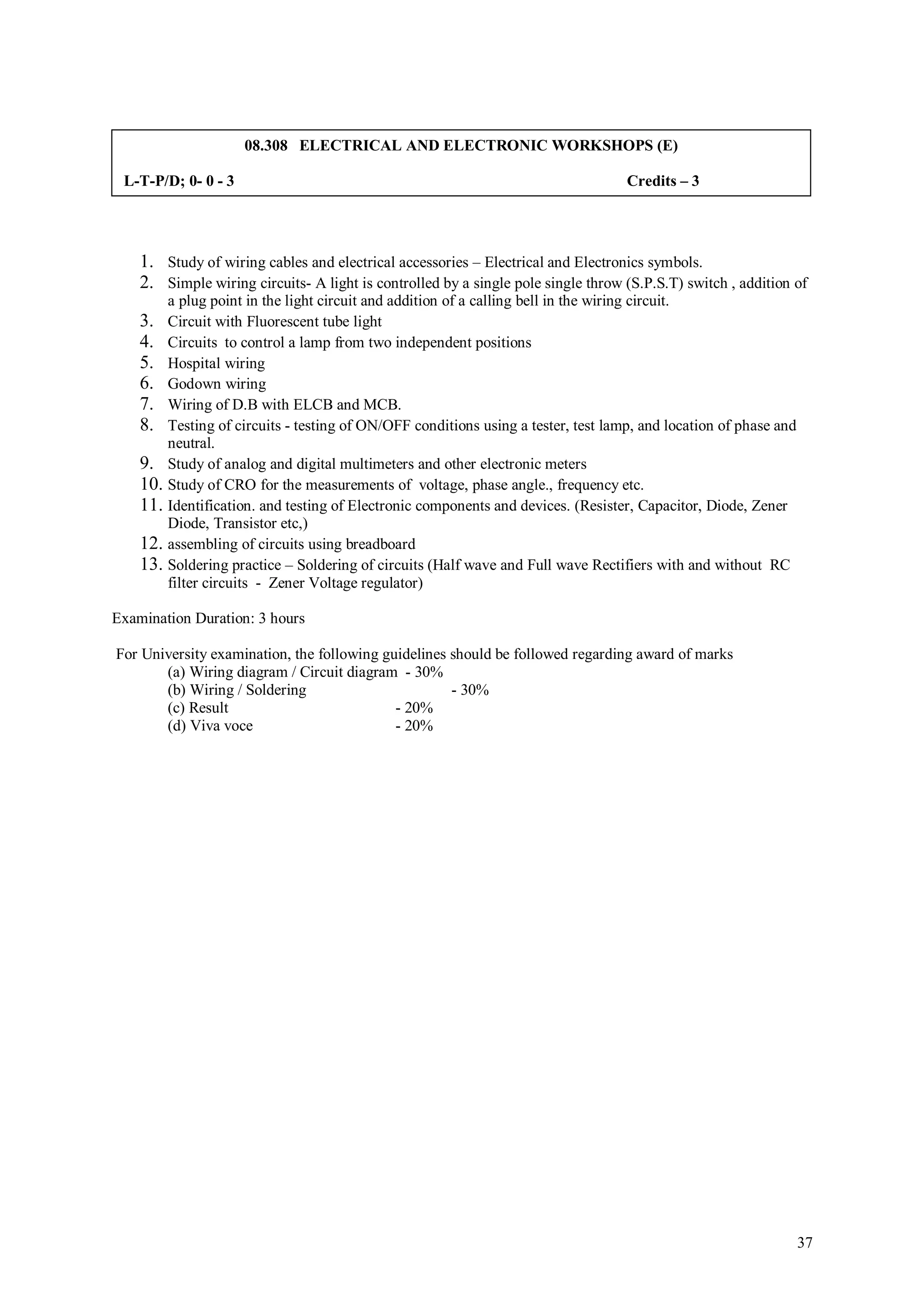 08.308 ELECTRICAL AND ELECTRONIC WORKSHOPS (E)

 L-T-P/D; 0- 0 - 3                                                                 Credits – 3




    1. Study of wiring cables and electrical accessories – Electrical and Electronics symbols.
    2. Simple wiring circuits- A light is controlled by a single pole single throw (S.P.S.T) switch , addition of
        a plug point in the light circuit and addition of a calling bell in the wiring circuit.
    3.  Circuit with Fluorescent tube light
    4.  Circuits to control a lamp from two independent positions
    5.  Hospital wiring
    6.  Godown wiring
    7.  Wiring of D.B with ELCB and MCB.
    8.  Testing of circuits - testing of ON/OFF conditions using a tester, test lamp, and location of phase and
        neutral.
    9. Study of analog and digital multimeters and other electronic meters
    10. Study of CRO for the measurements of voltage, phase angle., frequency etc.
    11. Identification. and testing of Electronic components and devices. (Resister, Capacitor, Diode, Zener
        Diode, Transistor etc,)
    12. assembling of circuits using breadboard
    13. Soldering practice – Soldering of circuits (Half wave and Full wave Rectifiers with and without RC
        filter circuits - Zener Voltage regulator)

Examination Duration: 3 hours

For University examination, the following guidelines should be followed regarding award of marks
       (a) Wiring diagram / Circuit diagram - 30%
       (b) Wiring / Soldering                        - 30%
       (c) Result                           - 20%
       (d) Viva voce                        - 20%




                                                                                                                  37
 