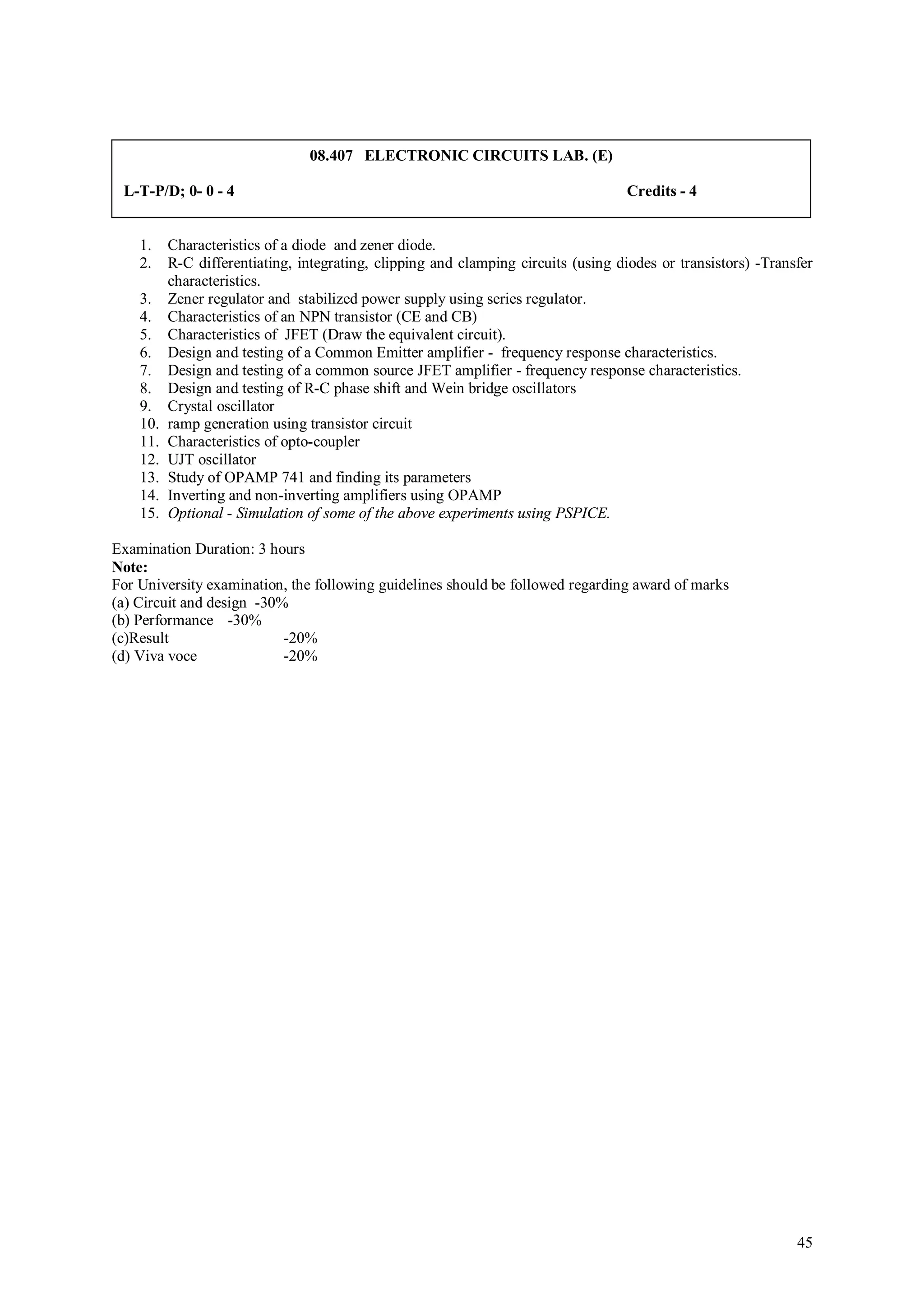 08.407 ELECTRONIC CIRCUITS LAB. (E)

 L-T-P/D; 0- 0 - 4                                                                  Credits - 4


    1.    Characteristics of a diode and zener diode.
    2.    R-C differentiating, integrating, clipping and clamping circuits (using diodes or transistors) -Transfer
          characteristics.
    3.    Zener regulator and stabilized power supply using series regulator.
    4.    Characteristics of an NPN transistor (CE and CB)
    5.    Characteristics of JFET (Draw the equivalent circuit).
    6.    Design and testing of a Common Emitter amplifier - frequency response characteristics.
    7.    Design and testing of a common source JFET amplifier - frequency response characteristics.
    8.    Design and testing of R-C phase shift and Wein bridge oscillators
    9.    Crystal oscillator
    10.   ramp generation using transistor circuit
    11.   Characteristics of opto-coupler
    12.   UJT oscillator
    13.   Study of OPAMP 741 and finding its parameters
    14.   Inverting and non-inverting amplifiers using OPAMP
    15.   Optional - Simulation of some of the above experiments using PSPICE.

Examination Duration: 3 hours
Note:
For University examination, the following guidelines should be followed regarding award of marks
(a) Circuit and design -30%
(b) Performance -30%
(c)Result                  -20%
(d) Viva voce              -20%




                                                                                                               45
 