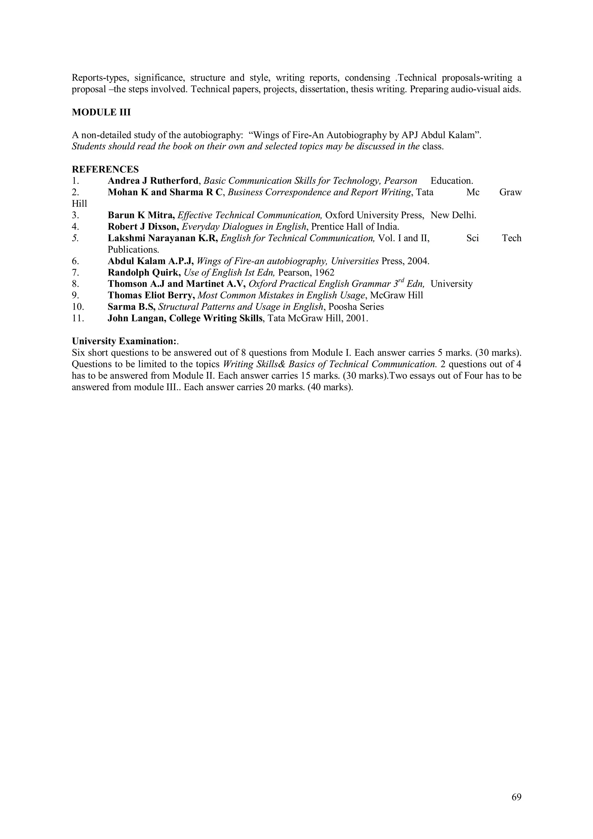 Reports-types, significance, structure and style, writing reports, condensing .Technical proposals-writing a
proposal –the steps involved. Technical papers, projects, dissertation, thesis writing. Preparing audio-visual aids.

MODULE III

A non-detailed study of the autobiography: “Wings of Fire-An Autobiography by APJ Abdul Kalam”.
Students should read the book on their own and selected topics may be discussed in the class.

REFERENCES
1.   Andrea J Rutherford, Basic Communication Skills for Technology, Pearson Education.
2.   Mohan K and Sharma R C, Business Correspondence and Report Writing, Tata          Mc                     Graw
Hill
3.   Barun K Mitra, Effective Technical Communication, Oxford University Press, New Delhi.
4.   Robert J Dixson, Everyday Dialogues in English, Prentice Hall of India.
5.   Lakshmi Narayanan K.R, English for Technical Communication, Vol. I and II,        Sci                    Tech
     Publications.
6.   Abdul Kalam A.P.J, Wings of Fire-an autobiography, Universities Press, 2004.
7.   Randolph Quirk, Use of English Ist Edn, Pearson, 1962
8.   Thomson A.J and Martinet A.V, Oxford Practical English Grammar 3rd Edn, University
9.   Thomas Eliot Berry, Most Common Mistakes in English Usage, McGraw Hill
10.  Sarma B.S, Structural Patterns and Usage in English, Poosha Series
11.  John Langan, College Writing Skills, Tata McGraw Hill, 2001.

University Examination:.
Six short questions to be answered out of 8 questions from Module I. Each answer carries 5 marks. (30 marks).
Questions to be limited to the topics Writing Skills& Basics of Technical Communication. 2 questions out of 4
has to be answered from Module II. Each answer carries 15 marks. (30 marks).Two essays out of Four has to be
answered from module III.. Each answer carries 20 marks. (40 marks).




                                                                                                                 69
 