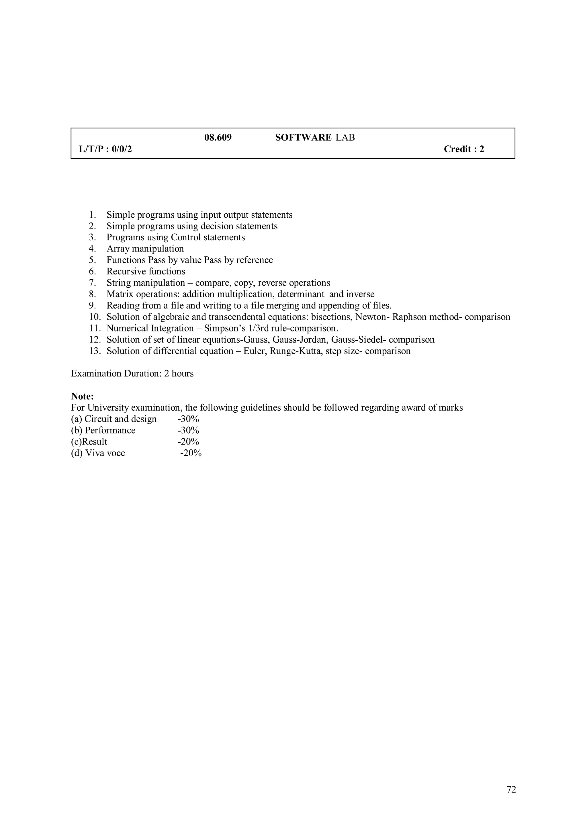 08.609           SOFTWARE LAB
 L/T/P : 0/0/2                                                                             Credit : 2




    1.    Simple programs using input output statements
    2.    Simple programs using decision statements
    3.    Programs using Control statements
    4.    Array manipulation
    5.    Functions Pass by value Pass by reference
    6.    Recursive functions
    7.    String manipulation – compare, copy, reverse operations
    8.    Matrix operations: addition multiplication, determinant and inverse
    9.    Reading from a file and writing to a file merging and appending of files.
    10.   Solution of algebraic and transcendental equations: bisections, Newton- Raphson method- comparison
    11.   Numerical Integration – Simpson’s 1/3rd rule-comparison.
    12.   Solution of set of linear equations-Gauss, Gauss-Jordan, Gauss-Siedel- comparison
    13.   Solution of differential equation – Euler, Runge-Kutta, step size- comparison

Examination Duration: 2 hours

Note:
For University examination, the following guidelines should be followed regarding award of marks
(a) Circuit and design    -30%
(b) Performance           -30%
(c)Result                 -20%
(d) Viva voce              -20%




                                                                                                           72
 