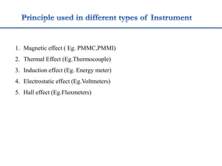 1. Magnetic effect ( Eg. PMMC,PMMI)
2. Thermal Effect (Eg.Thermocouple)
3. Induction effect (Eg. Energy meter)
4. Electrostatic effect (Eg.Voltmeters)
5. Hall effect (Eg.Fluxmeters)
 