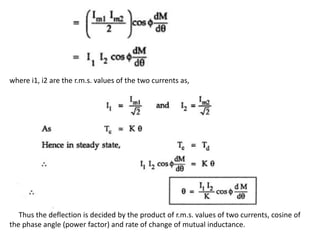 where i1, i2 are the r.m.s. values of the two currents as,
Thus the deflection is decided by the product of r.m.s. values of two currents, cosine of
the phase angle (power factor) and rate of change of mutual inductance.
 