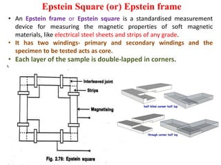 Epstein Square (or) Epstein frame
• An Epstein frame or Epstein square is a standardised measurement
device for measuring the magnetic properties of soft magnetic
materials, like electrical steel sheets and strips of any grade.
• It has two windings- primary and secondary windings and the
specimen to be tested acts as core.
• Each layer of the sample is double-lapped in corners.
 